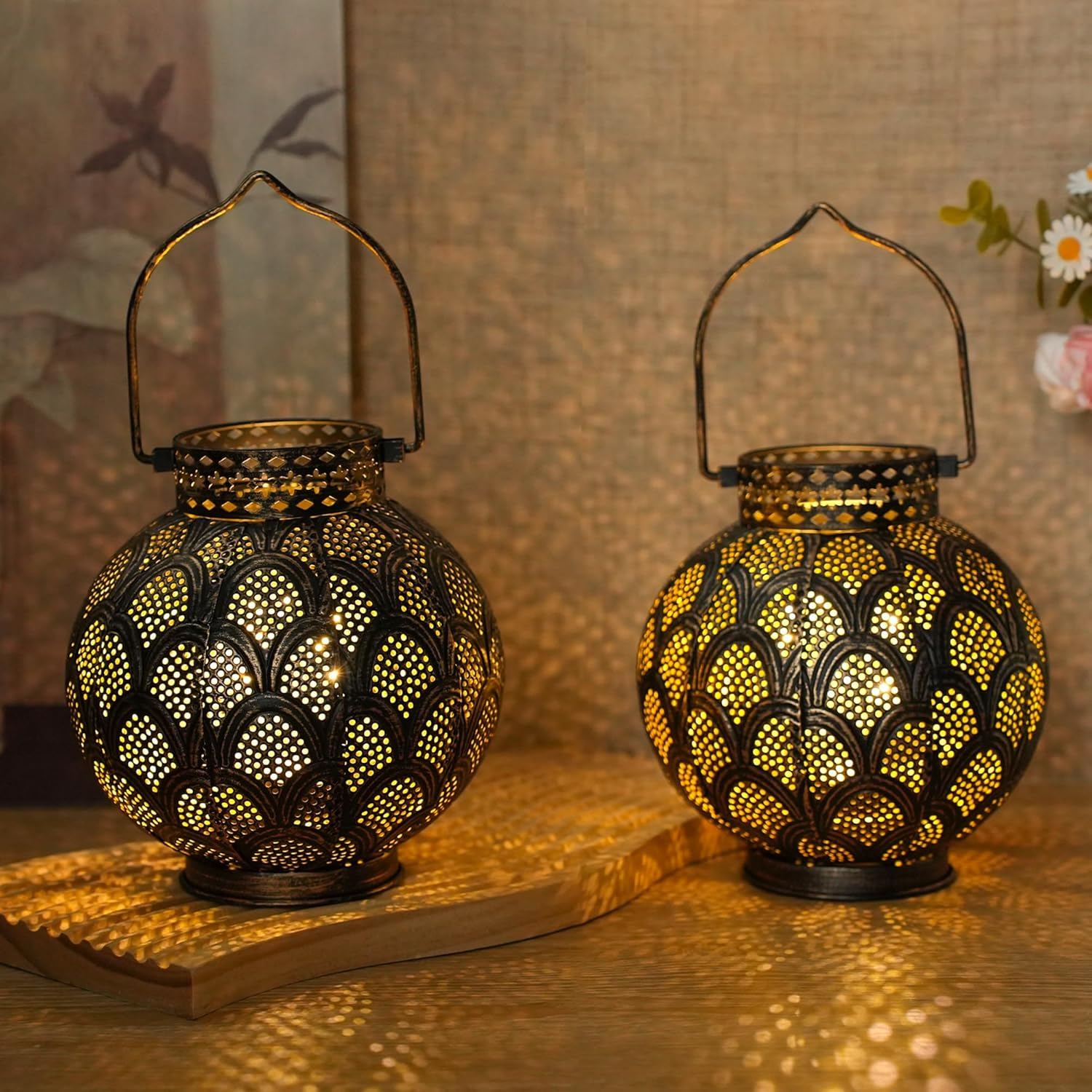 TRIROCKS Set of 2 Metal Moroccan Style Table Lamps, 7 Inch Battery Operated Cordless Lamp with LED Lights, Perfect for Home, Living Room, Parties, Indoor Table Top image number 3