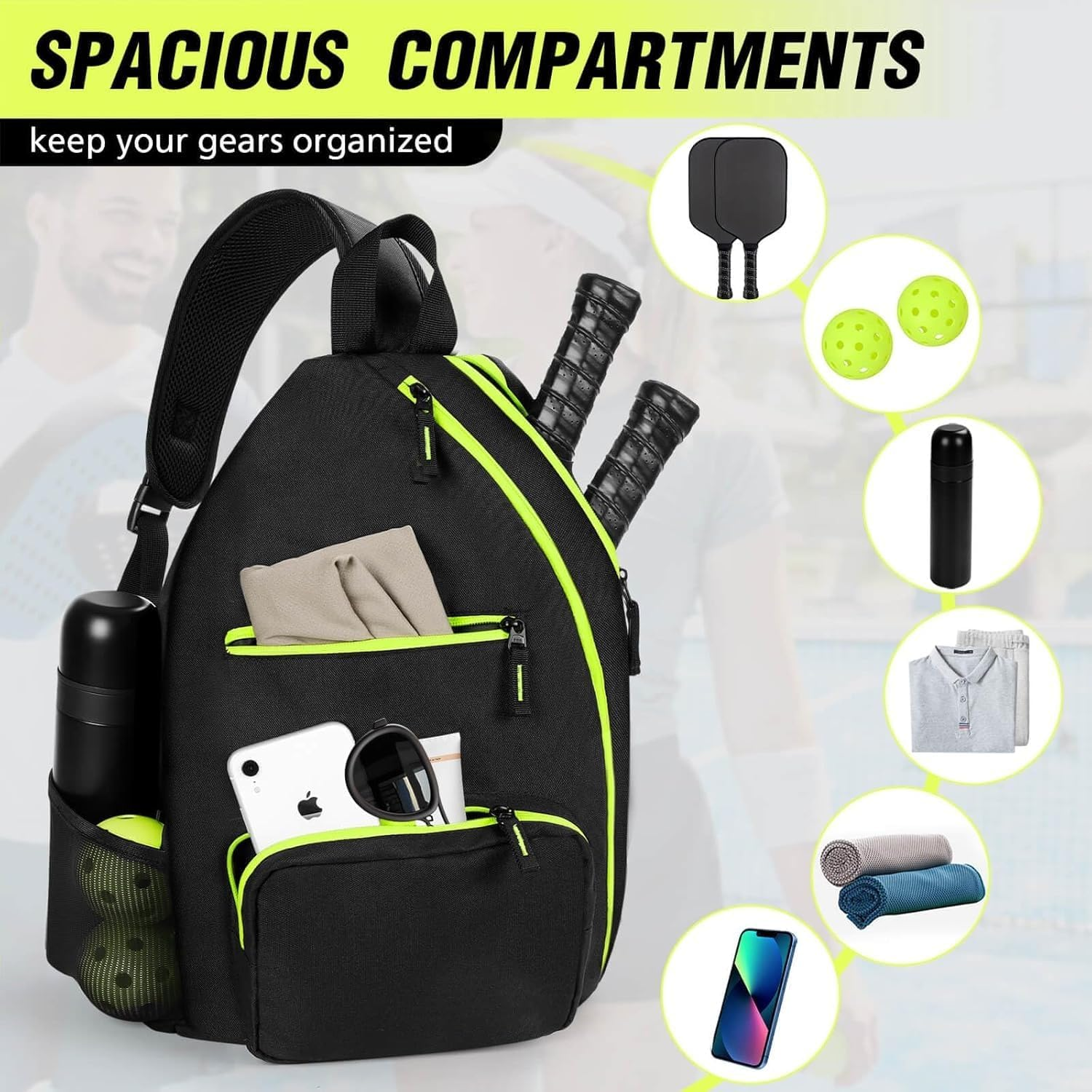 Pickleball Bag, Pickle Ball Bag with Upgraded Zippers and Capacity, Padded Pickleball Backpack, Adjustable Pickleball Paddle Bag, Pickleball Sling Bag (Bag Only) image number 1