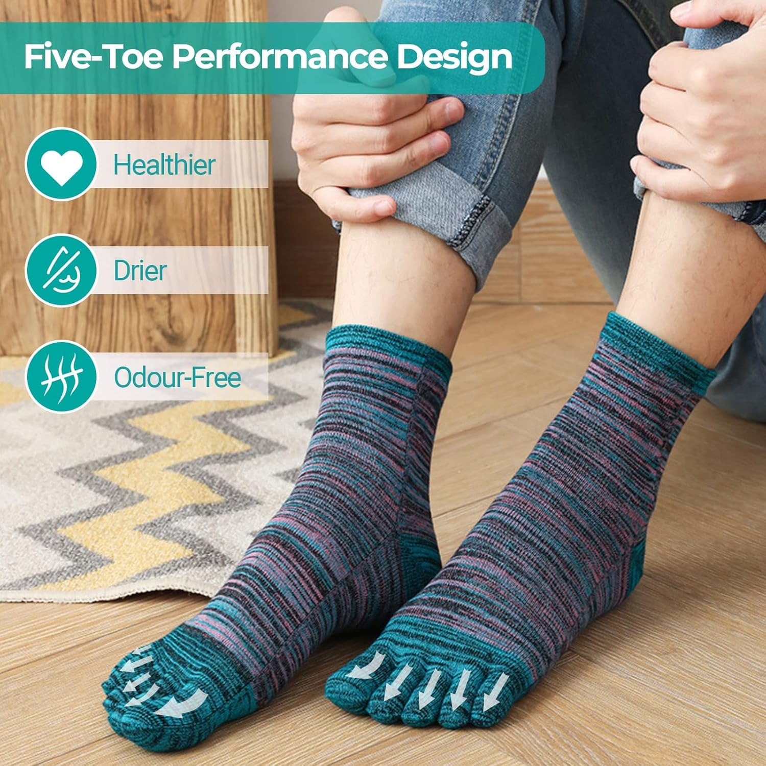 QUPOLPOL Men&rsquo;S Toe Socks &ndash; Retro Style Five Finger Cotton Socks, Breathable Moisture-Wicking Anti-Blister Athletic Socks for Running and Everyday Wear AU 6&ndash;11 - Multicolor-A image number 3