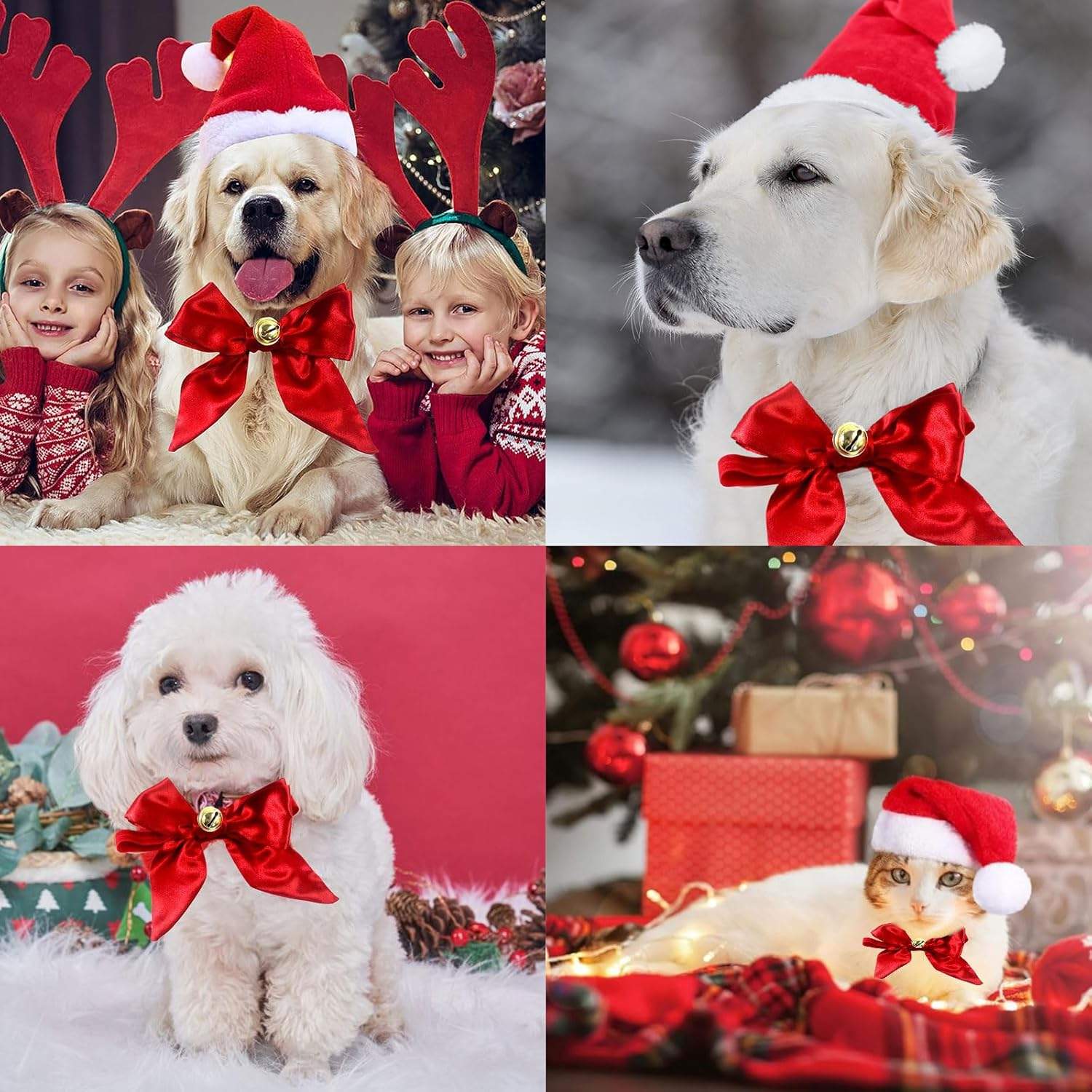 Pack of 2 Christmas Dog Costume, Cat Costume, Christmas Hats for Cats, Christmas Pet Collar, Dogs Cats, Christmas Hats and Bow Tie Collar, for Pets, Red image number 3