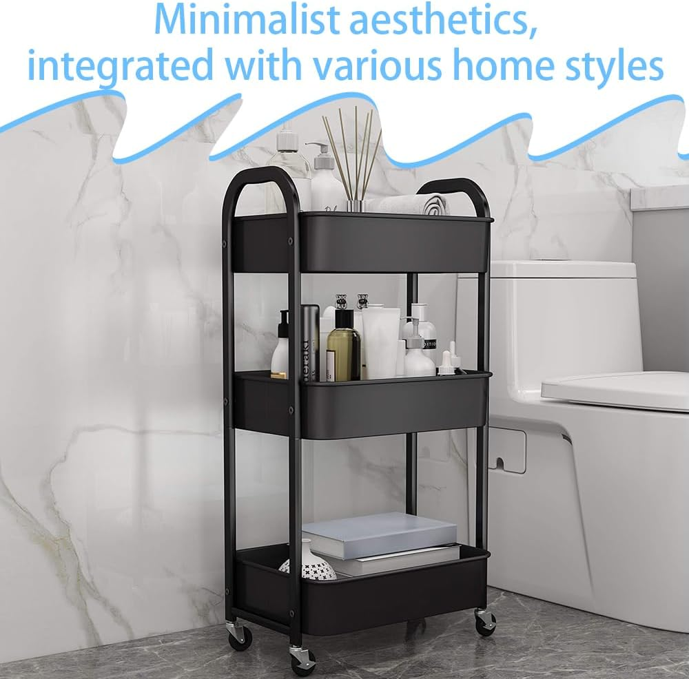 Storage Rolling Cart, 3-Tier Snack Organiser Trolley, Rolling Shelf with Wheels & Hooks,Movable Storage Organizer for Home Kitchen Organization (Black image number 2