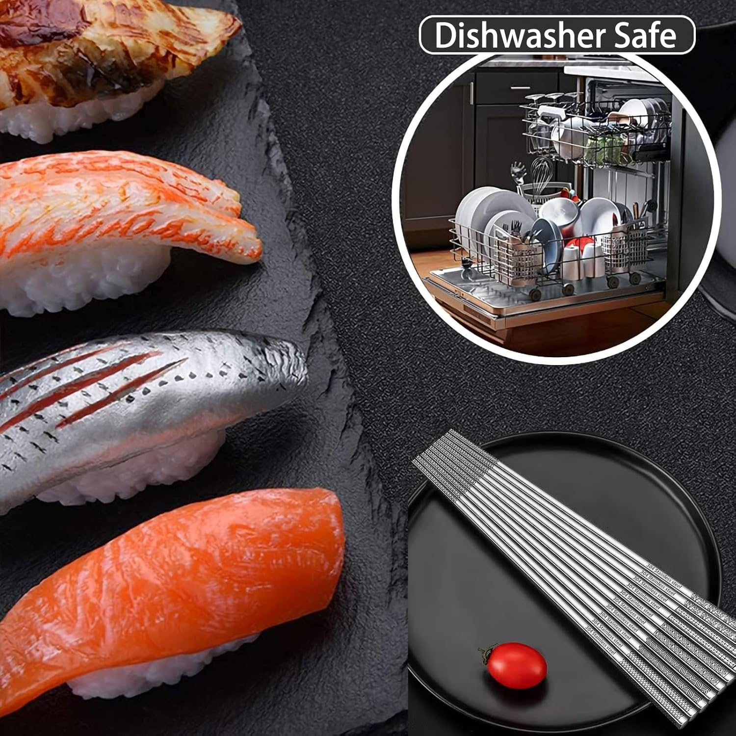 5 Pairs Stainless Steel Chopsticks - Reusable, Dishwasher Safe, Square, Lightweight, Laser Engraved, Non-Slip - 304 Metal Chop Sticks image number 2