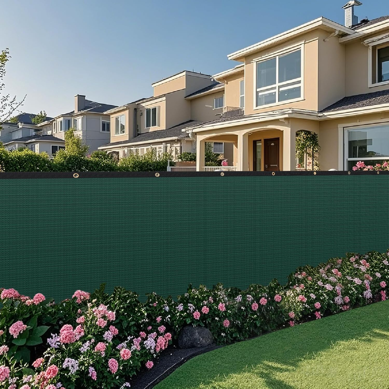 6' X 50' Heavy Duty Privacy Screen Fence, 90% Blockage Green Mesh Shade Net Cover with Brass Grommets for Garden, Yard, Wall, Backyard - Includes 75 Zip Ties (6' X 50', Green) image number 6