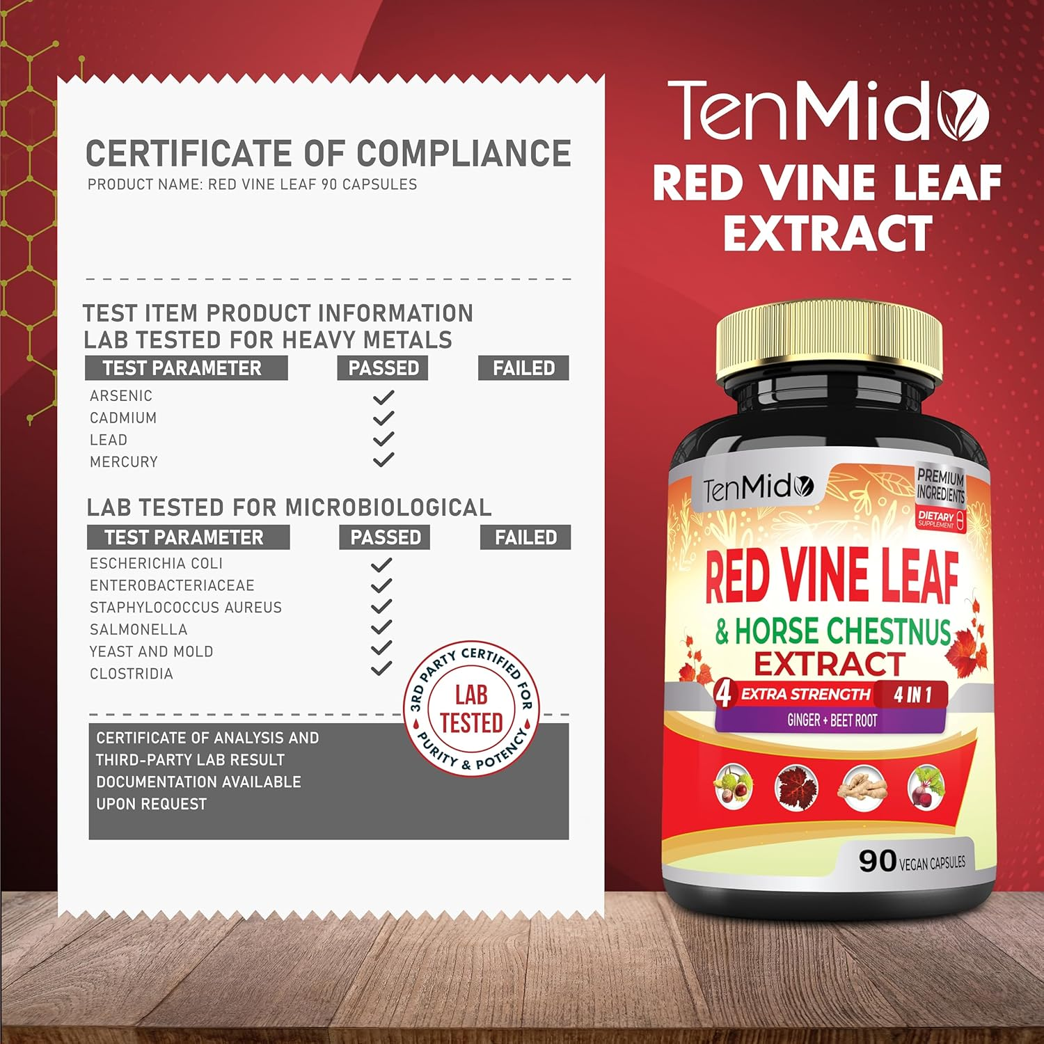 18250Mg Red Vine Leaf Extract Capsules - with Horse Chestnut, Beet Root, Ginger - Herbal Suppplement for Heart, Leg Vein & Energy - 90 Vegan Capsules for 45 Days image number 1