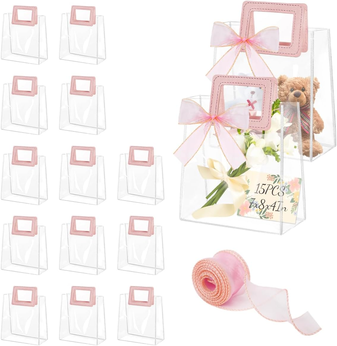 15 Pcs Clear Gift Bags with Handles, Transparent PVC Gift Bag with Ribbon, Reusable Plastic Shopping Bags, Heavy Duty Gift Wrap Bags for Bridal Party Baby Shower Wedding Birthday, 7X8X4In image number 6