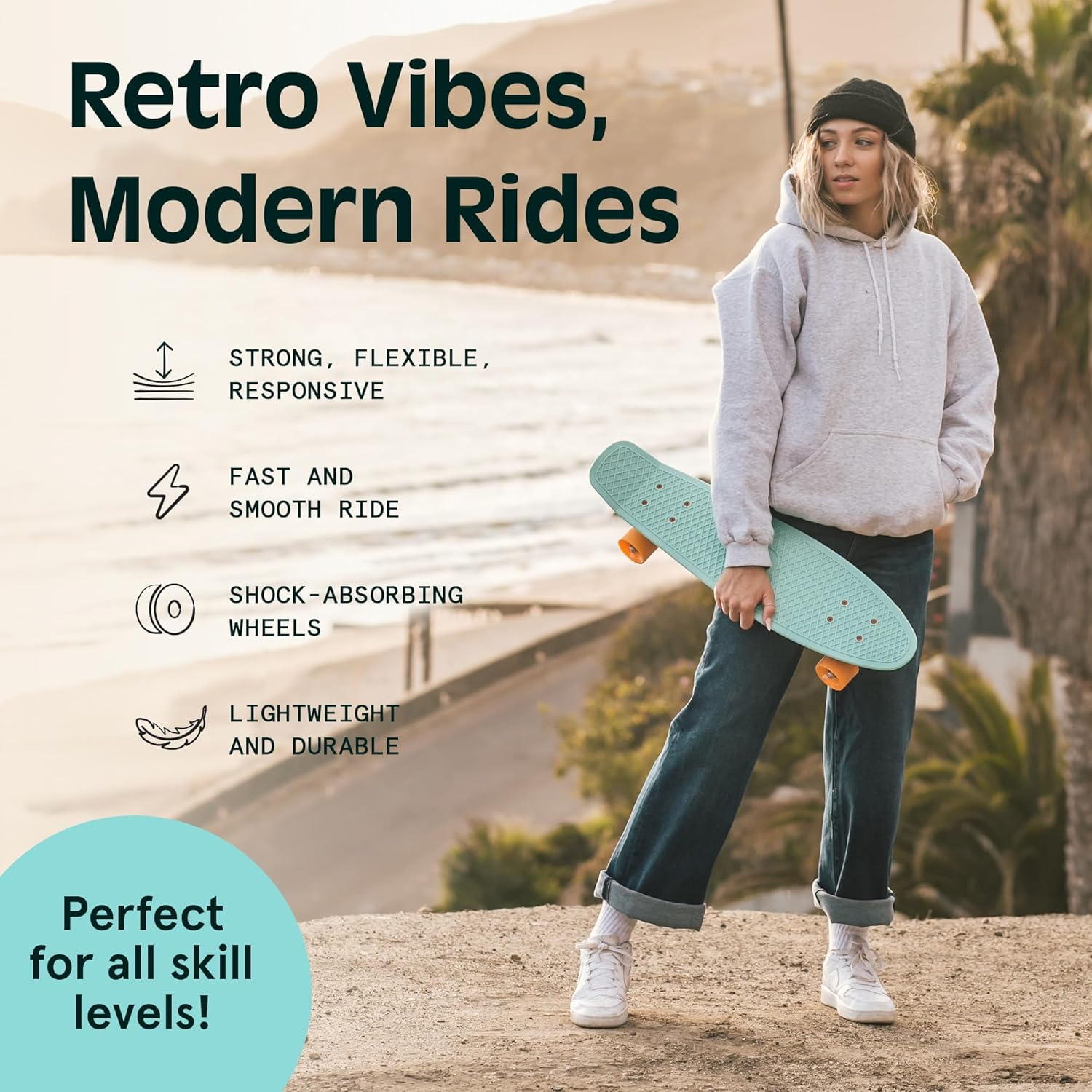 Retrospec Quip Skateboard Classic Retro Plastic Cruiser Complete Skateboard