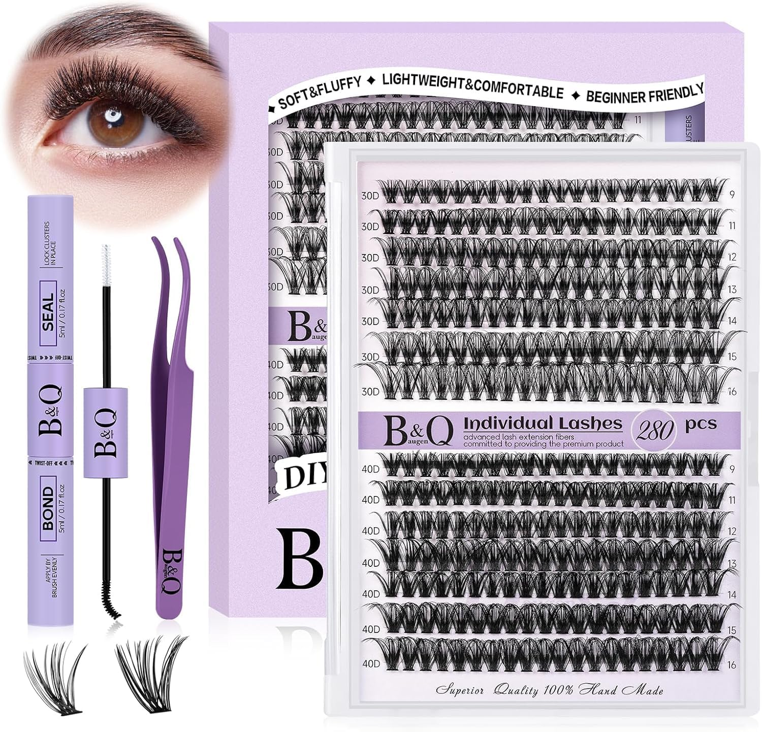 B&Qaugen Lash Extension Kit 280 Pcs 30D+40D 9-16 Mixed Individual Lashes Extension Kit DIY Lash Clusters Kit with Lash Remover and Brush Lash Extension Kit at Home(Mrrkit-30D+40D-9-16Mix) image number 4