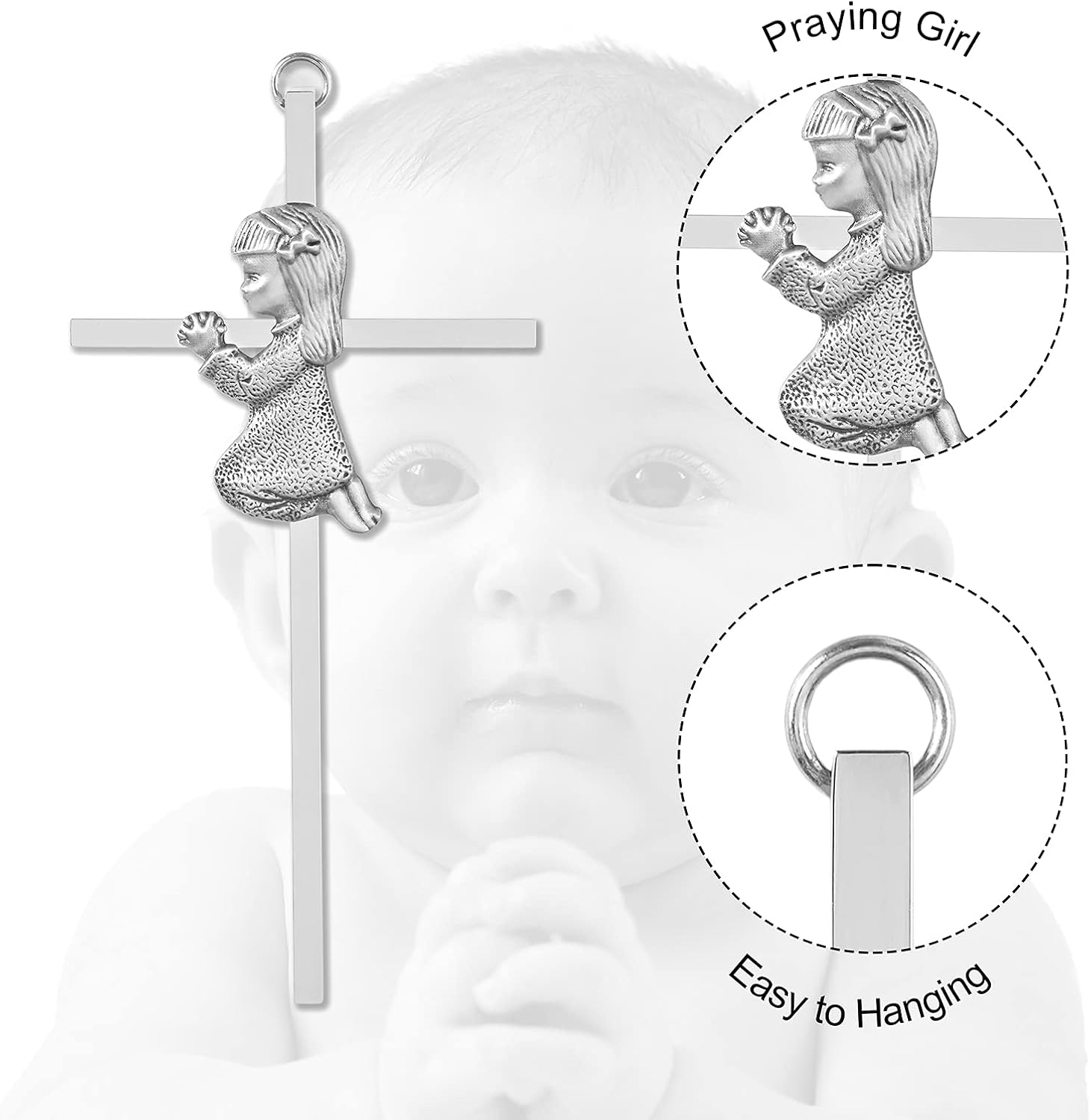 Baby Wall Cross Baptism Gifts for Girl, 6-Inch Silver Praying Girls Baptism Crosses for First Holy Communion Christening and Dedication Baptismal Gifts from Godparents image number 1