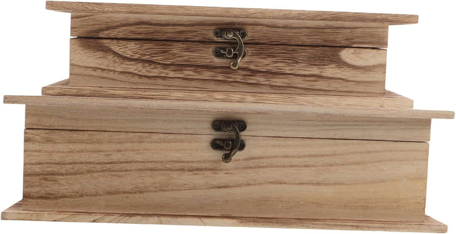 2Pcs Wood Jewelry Box Lid Keepsake Storage Treasure Chest Blank Wooden Trinket Cards Container Wooden Desktop Classic Book Shape Natural Wood Finish image number 4
