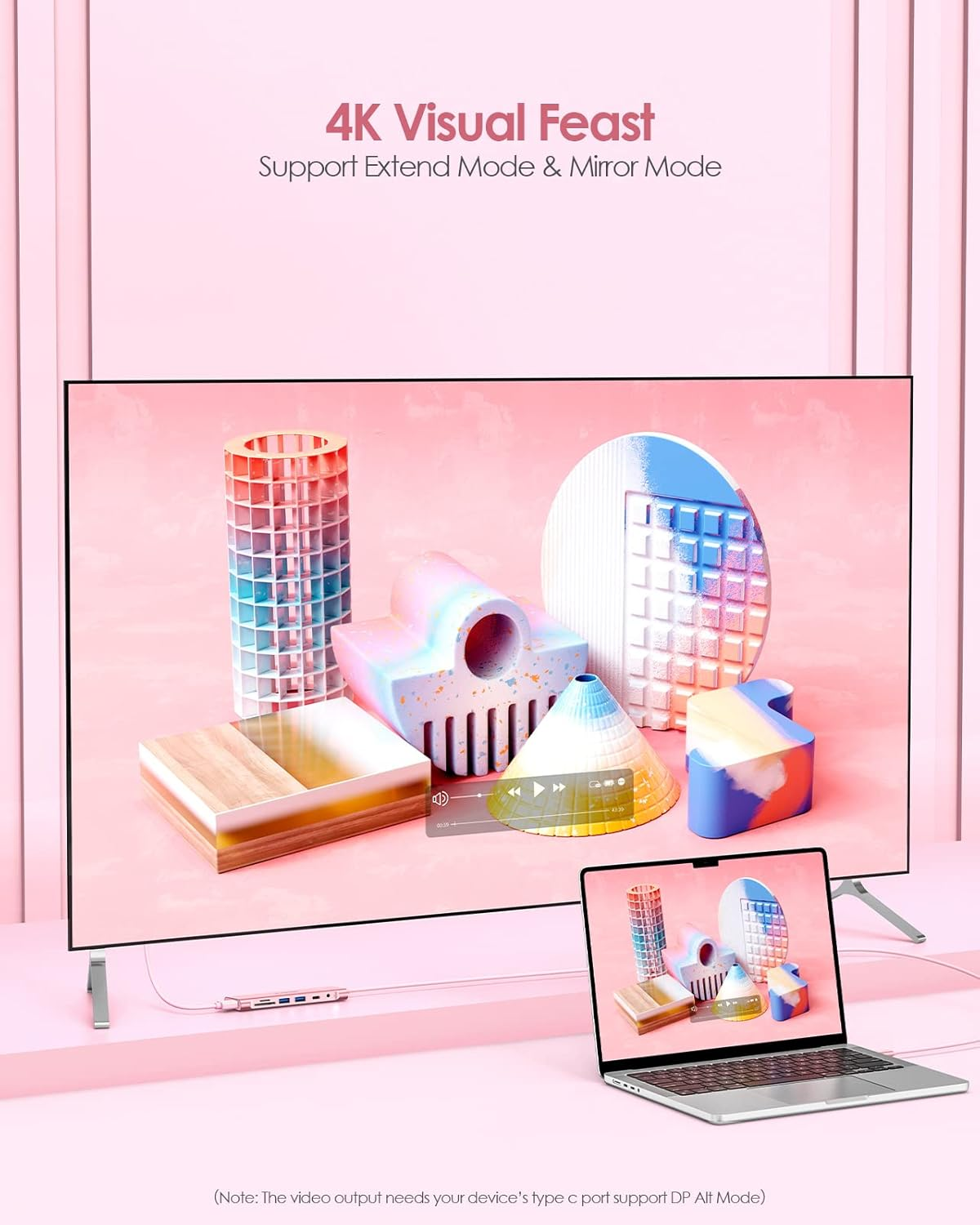 LENTION 3.3FT Long Cable USB C Hub with 4K HDMI, 2 USB 3.0, Card Reader, Aux, Type C Data/Charging Compatible 2025-2016 Macbook Pro, Mac Air/Surface, More, Stable Driver Adapter (CB-C37, Rose Gold) image number 6