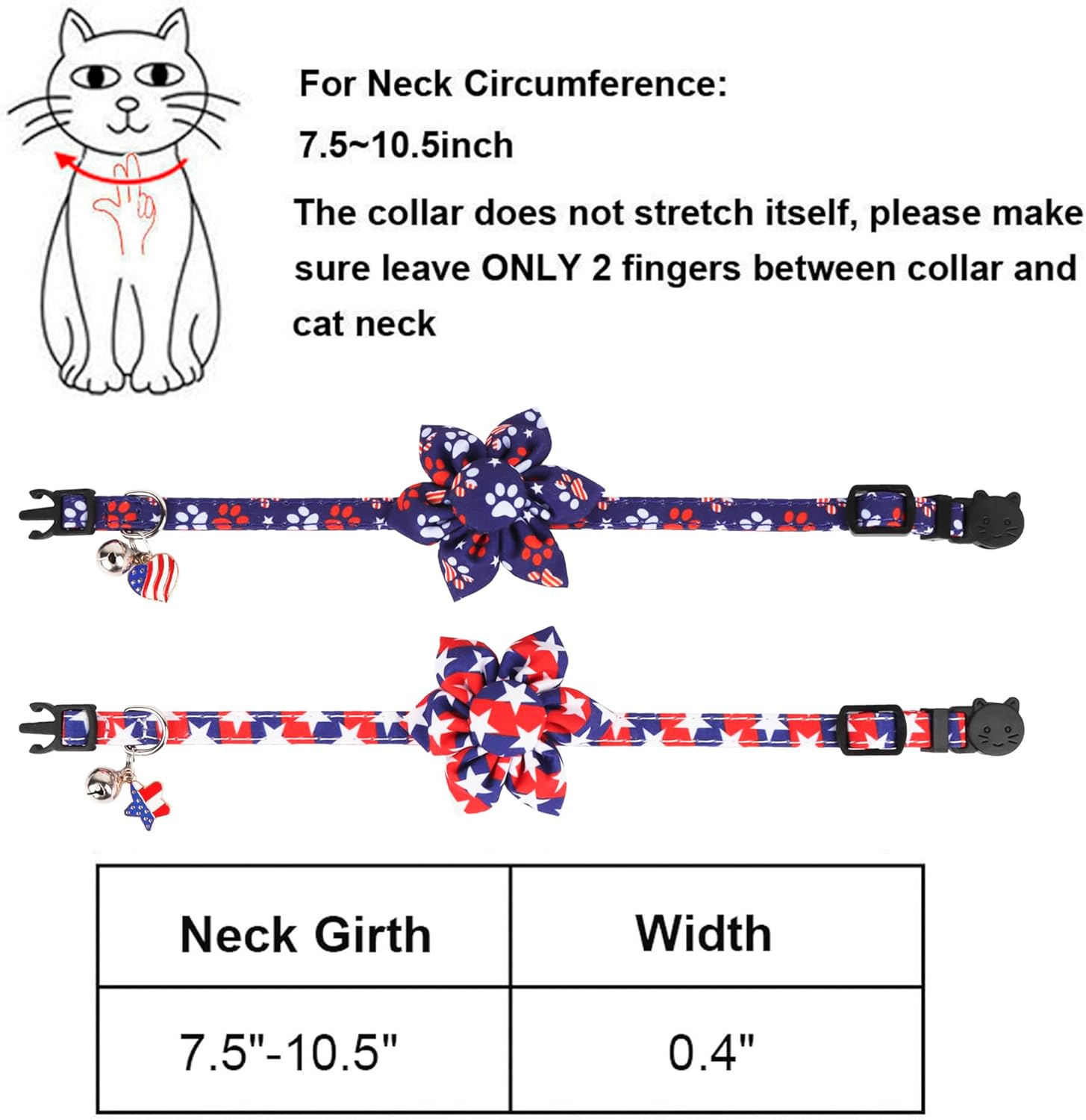 ADOGGYGO American Flag Cat Collars with Removable Flower Bell, Adjustable 4Th of July Cat Floral Collars Red Blue Cat Flag Collars for Cats Kittens (4Th of July) - 4Th Of July image number 2