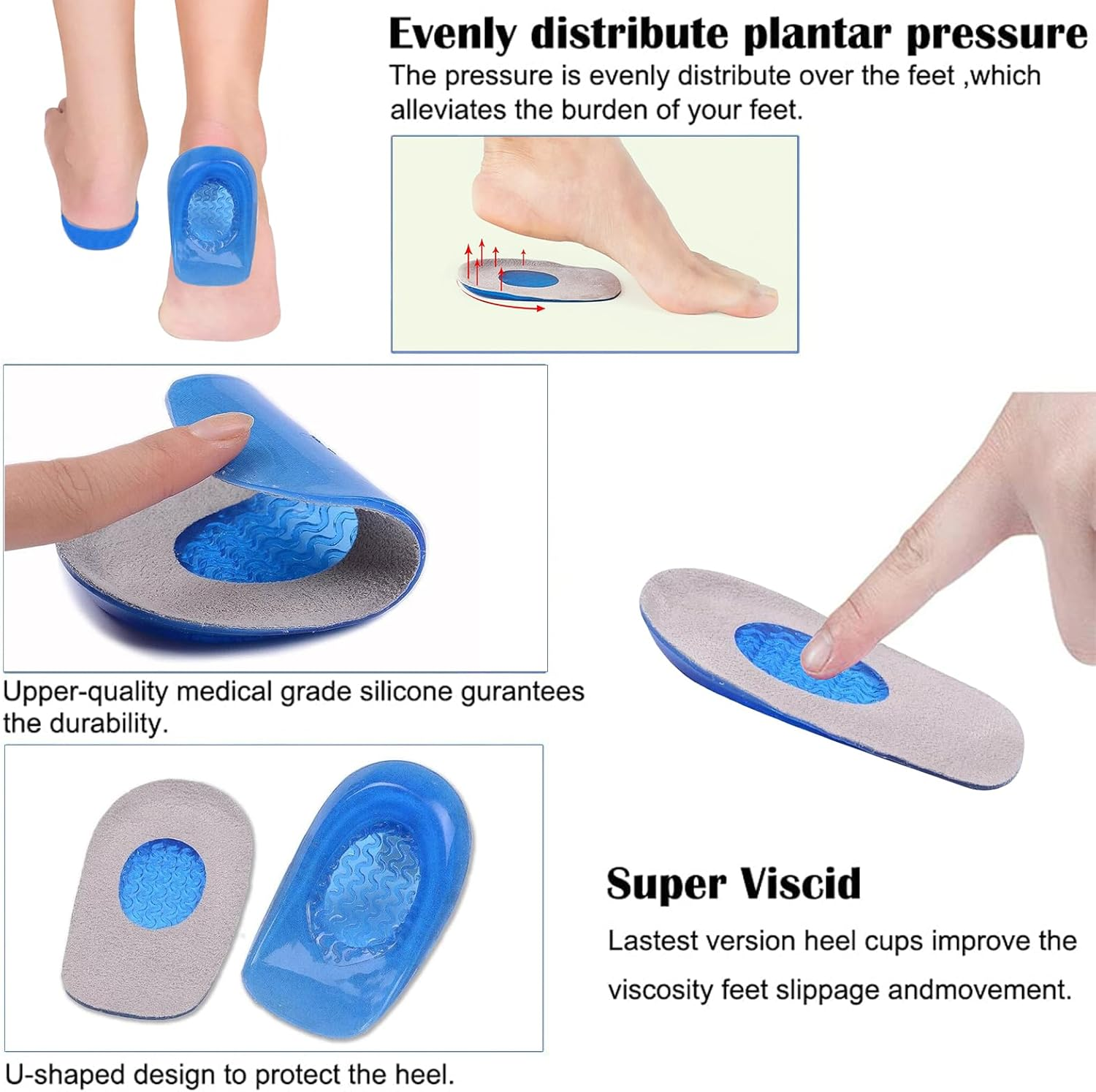 4 Pairs of Gel Heel Cups Plantar Fasciitis Inserts Heel Pads Insoles for Heel Spurs, Gel Heel Cushions for Heel Pain Relief Silicone Gel for Achilles Pain Relief, Fascia Support Casual Insoles