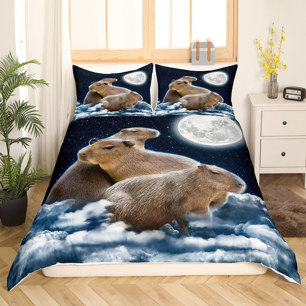 Homewish Children'S Capybaras Duvet Cover 155 X 220 Cm Cartoon 3D Animal Bedding Set Funny Rodent Animal for Teens Girls Boys Galaxy Starry Moon Duvet Cover for Capybara Lovers Home Decor image number 4