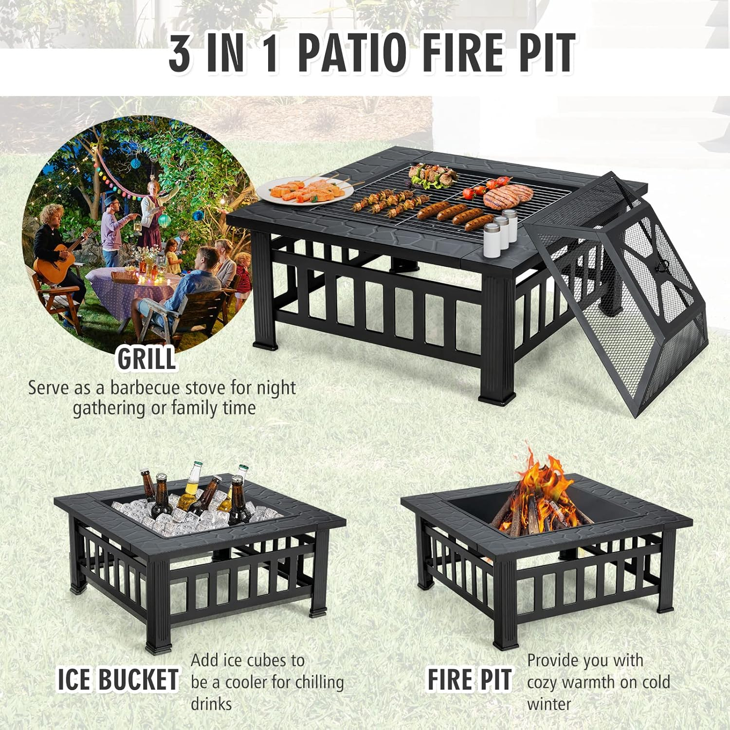 Costway 32&rdquo; 3-In-1 Fire Pit, Outdoor Kitchen Charcoal BBQ Table Grill, Square Stove Bonfire Wood Burning Fireplace W/Spark Screen Cover&Poker, Patio Garden Camping Heater Ice Bucket image number 5