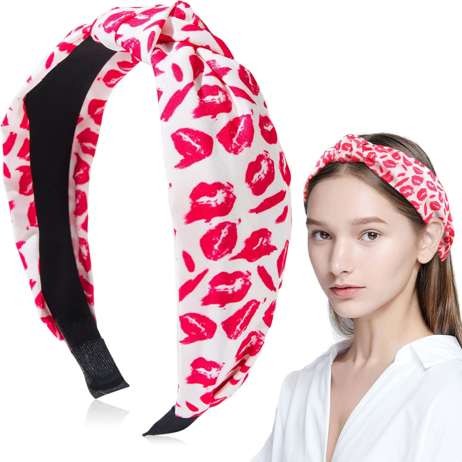 Valentines Headband for Women Girls, Graffiti Love Heart Hair Band, Pink Red Hearts Headbands Wide Knotted Non Slip Hair Accessories Valentines Day Wedding Party Supplies Romantic Decor