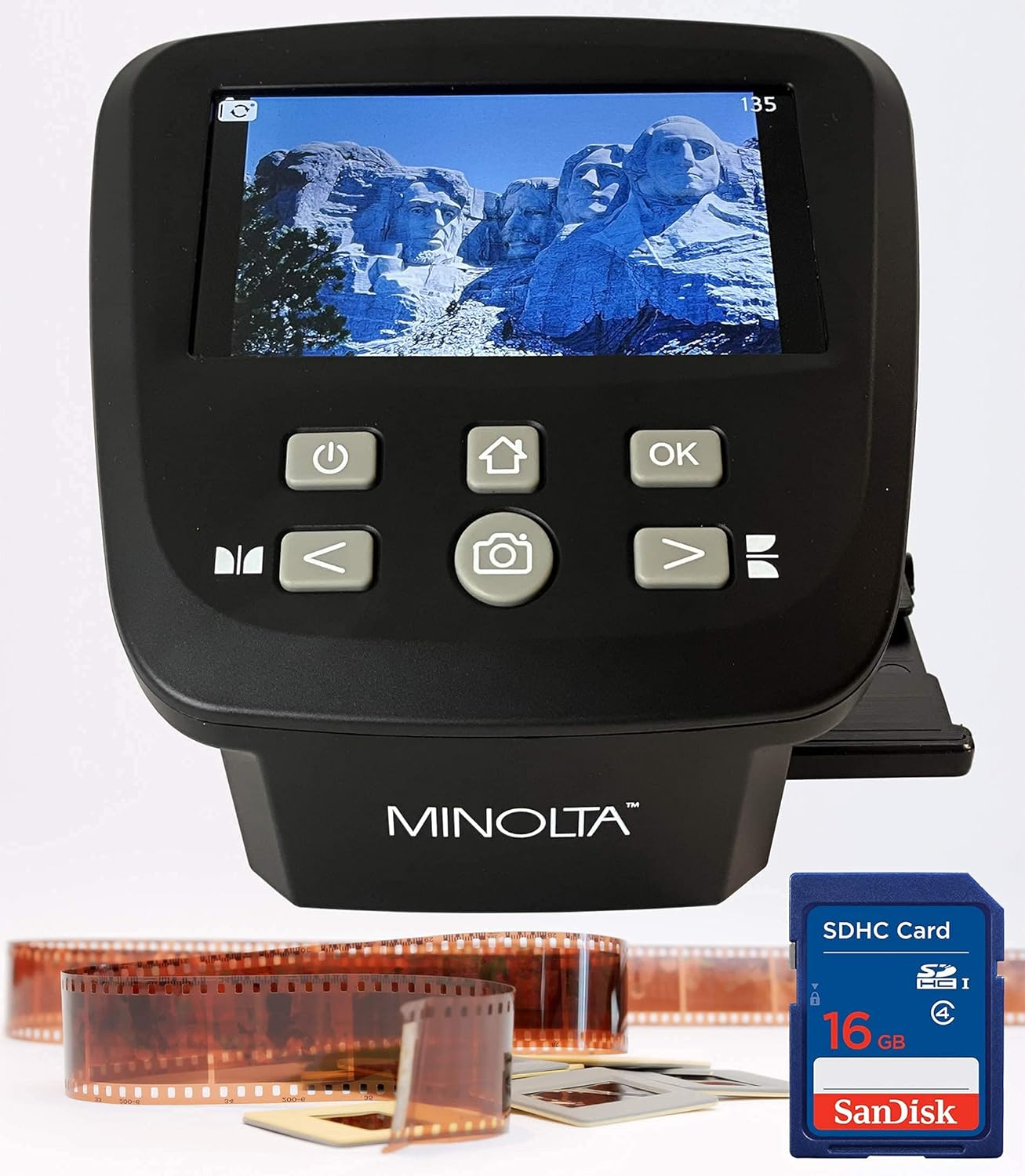 MINOLTA Film & Slide Scanner, Large 5" Screen, Convert Color & B&W 35Mm, 126, 110 Negative & Slides, Super 8 Films to High Res 22MP JPEG Digital Photos, 16GB SD Card, Worldwide AC Adapter (Black) image number 1