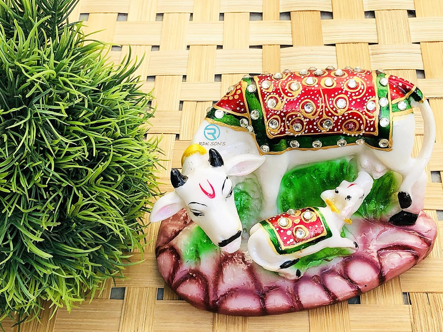 RDK SON'S&reg; Kamdhenu Cow and Calf Idol | Designer Stone Studded Marble Dust Gau MATA Statue | Spiritual Vastu Nandi Pooja Polyresin Figurine Sculpture for Home and Temple (Multicolor) image number 2