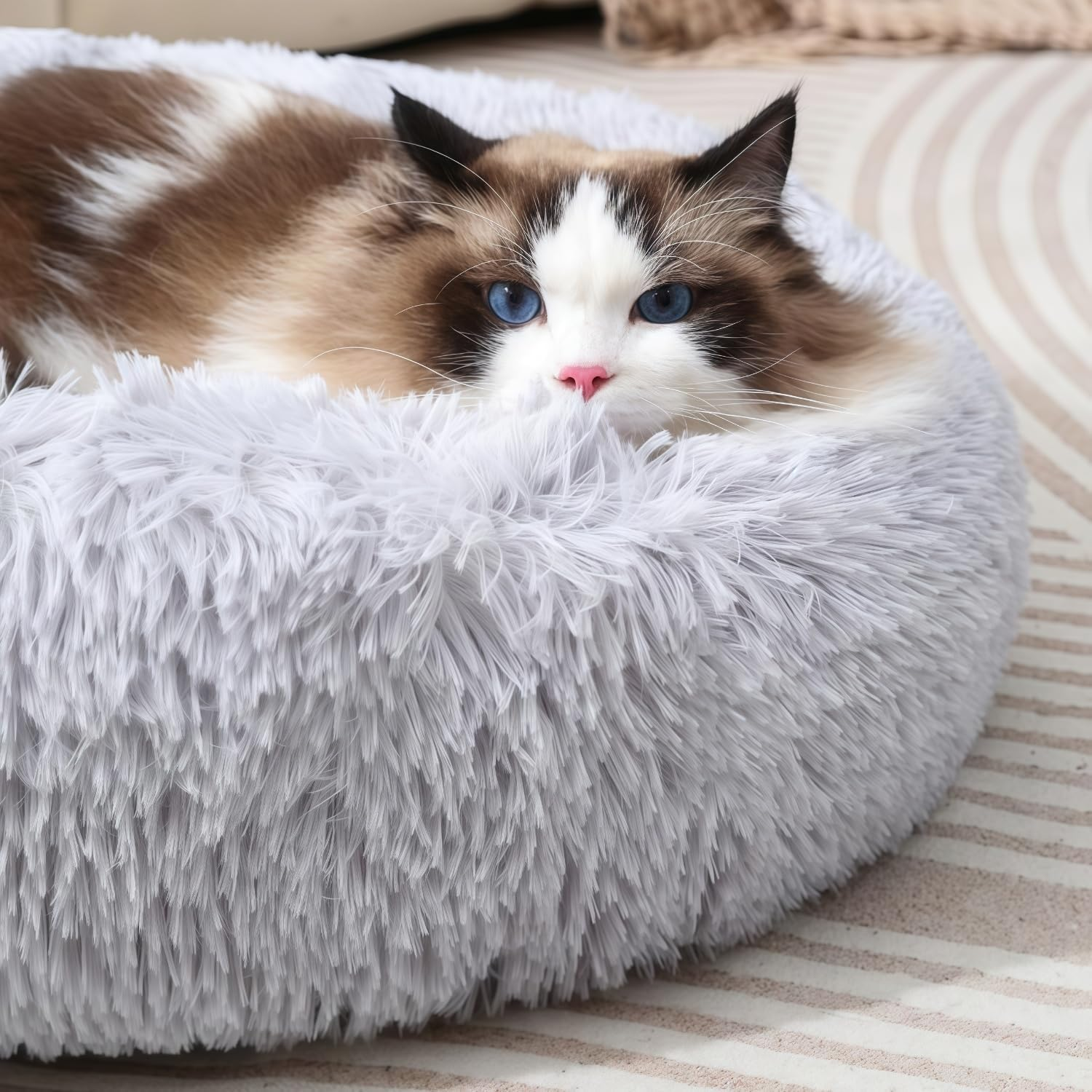 Kiuiom Doughnut Pet Bed, Plush Pet Bed, Fluffy Cat Bed, round Dog Cushion, Cat Basket, Sleeping Cat Bed, Plush Cat Cushion, Dog Cushion, Washable Puppy Bed (Grey, 40 Cm) image number 4