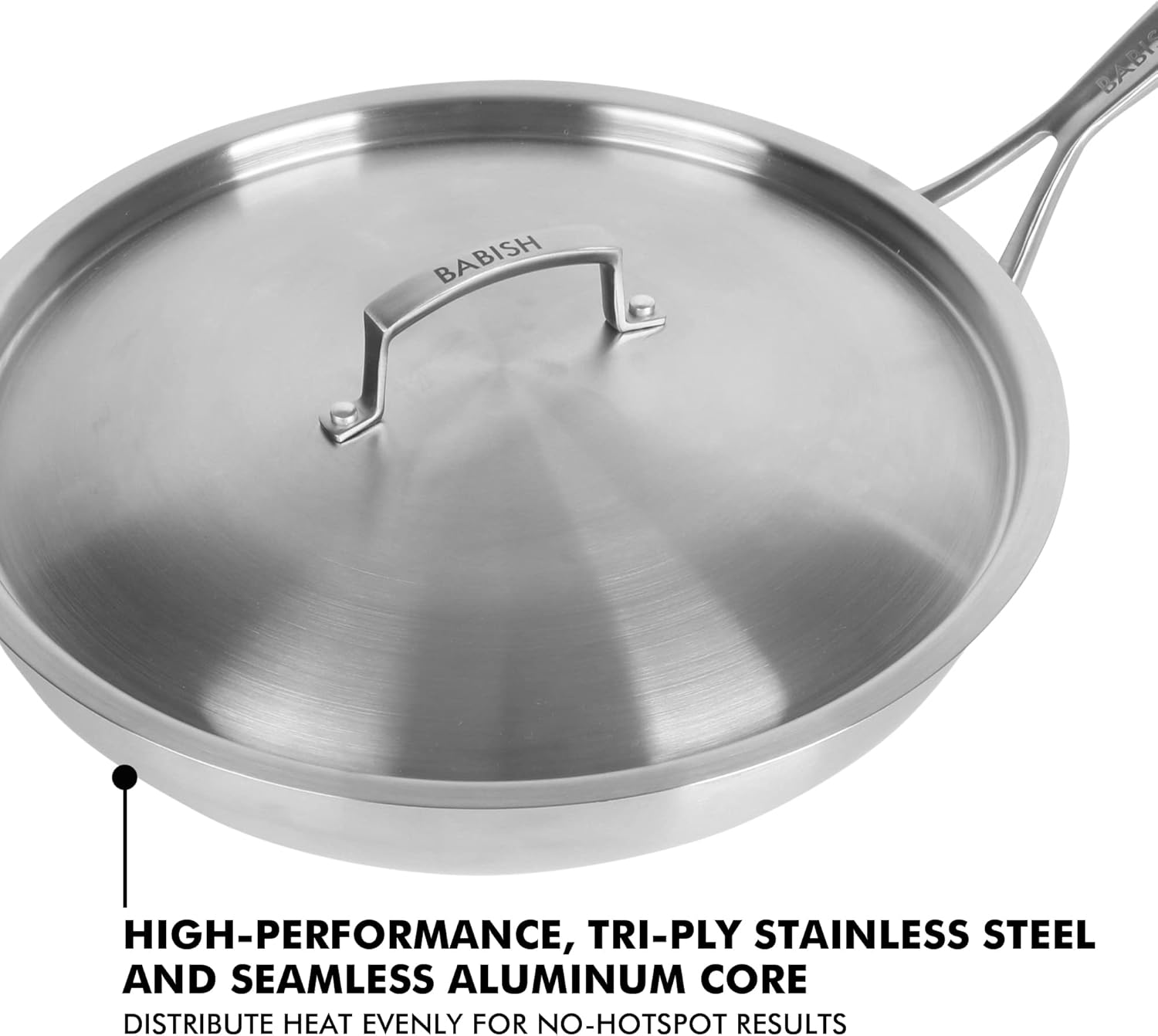 Babish 12 Inch Stainless Steel Triply Professional Grade Fry Pan W/Stainless Lid