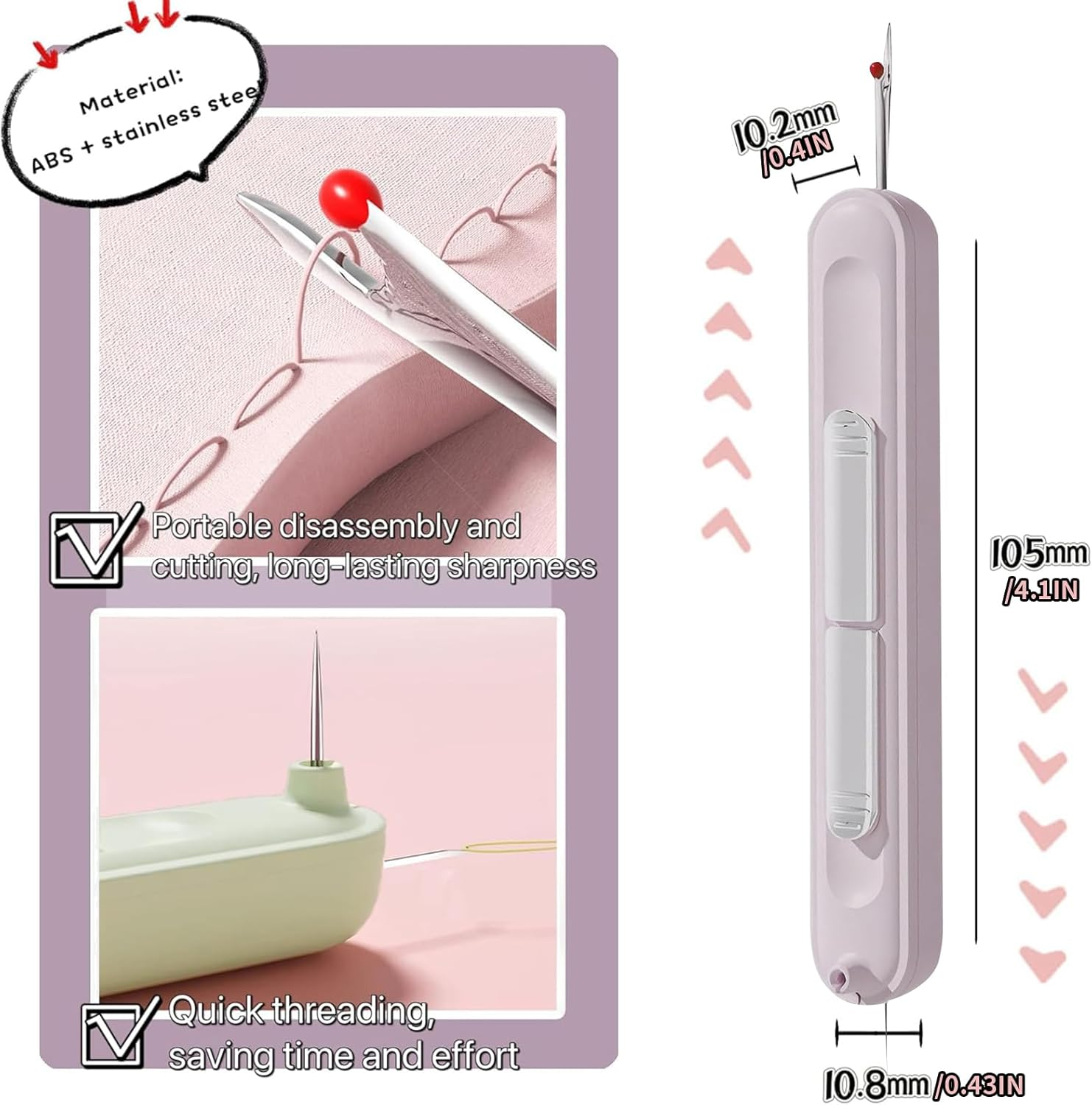 Hunken 3 Pcs 2-In-1 Needle Threader and Seam Ripper Tool, Portable Sewing Accessories, Quick Automatic Needle Threading Device, Stretchable Plug-In Threader for Hand Sewing, Quilting & Knitting image number 6