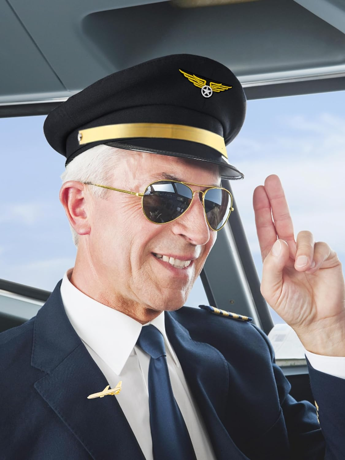 Jevenis Airplane Captain Costume Airline Pilot Hat Accessories for Adults Teens Captain Halloween Party Cosplay Supplies Sunglasses