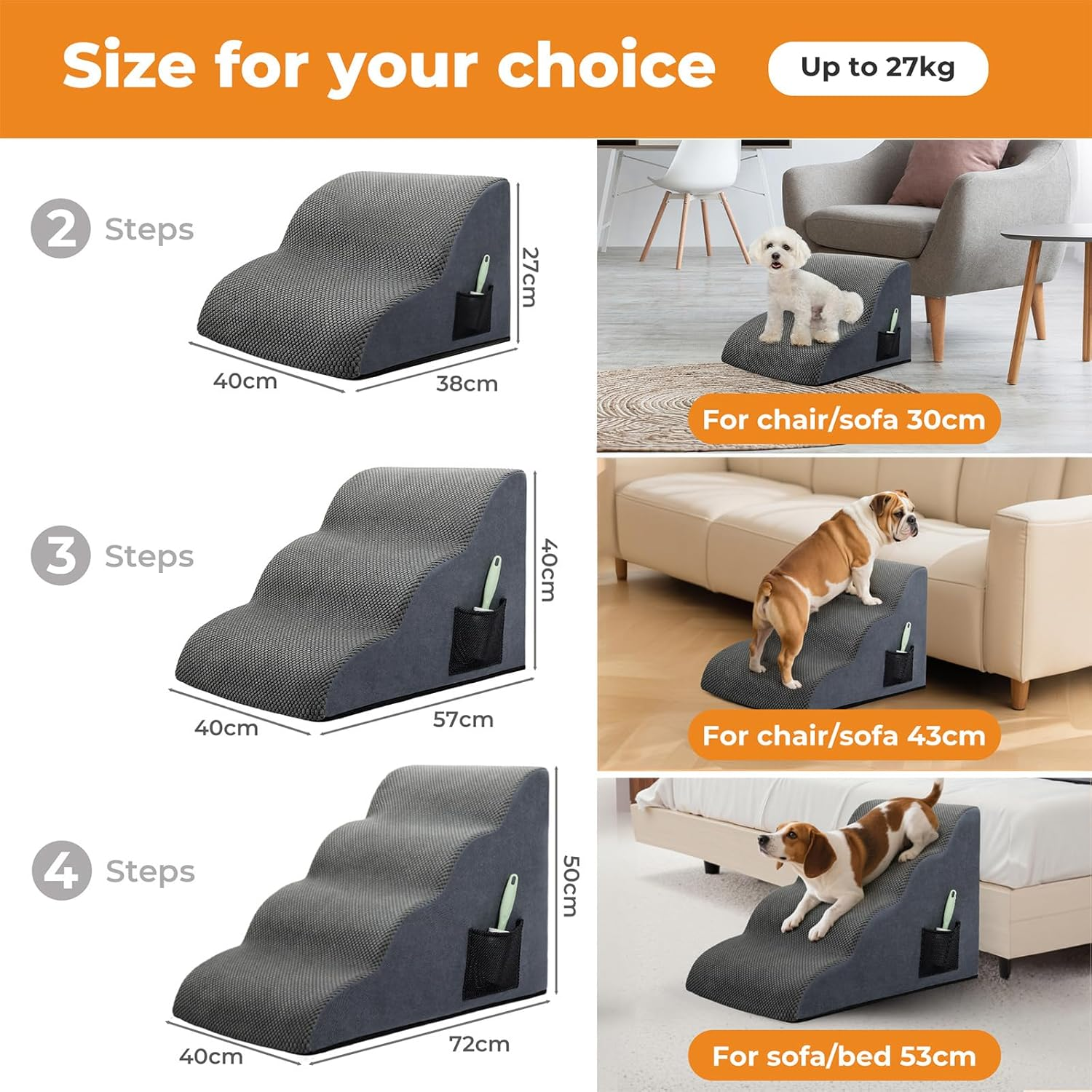 Pawz Dog Stairs Ramp for Small Dog,3 Steps High Density Foam Pet Stairs W/Storage Pocket & Handle,Non-Slip Balanced Pet Stairs Ladder for Cats,For High Sofa Bed Couch for Small & Old Dogs, Injured Pet image number 3
