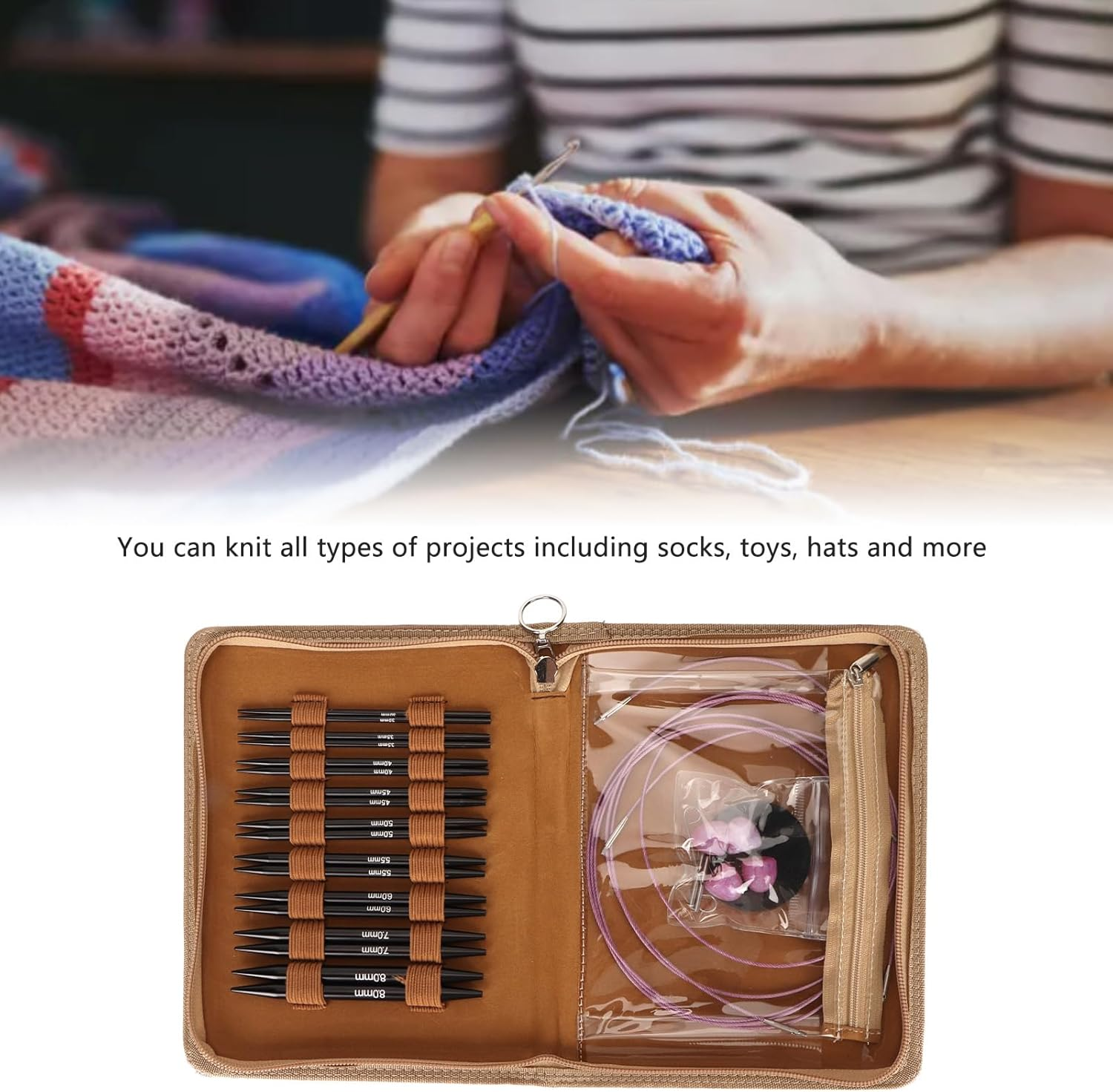 Circular Knitting Needle Set, 3 to 8Mm Interchangeable Ergonomic Circular Needle Set with Storage Bag for Crafting, Gifts for Mom, Grandma, Friend Who Is a Knitting Beginner. image number 2