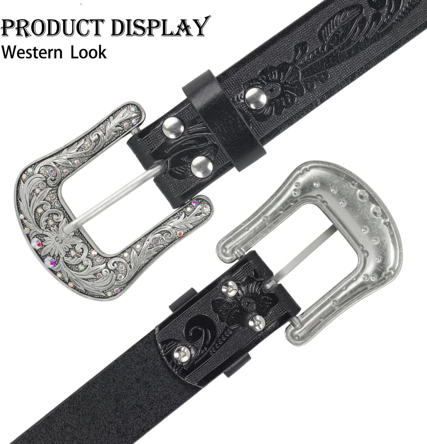 Women Vintage Western Cowboy Belts - Pu-Leather Western Engraved Bling Belt Buckle Cowgirl Waist Belt for Jeans Pants Dresses image number 2