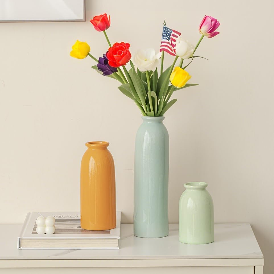 10.4 Inches Tall Decorative Ceramic Vase Set, 3 Pieces, Nordic Modern Boho Style, White, for Home Decor (Colorful) - Black Mix image number 2