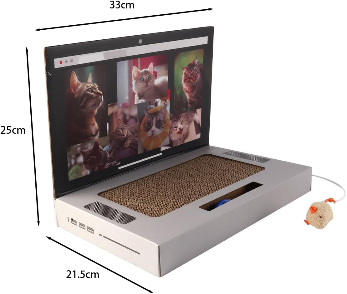 Enwye Laptop-Shaped Cat Scratching Pad with Plush Old Mouse Durable Corrugated Cardboard Foldable Space-Saving Design Control Scratching Pressure image number 2