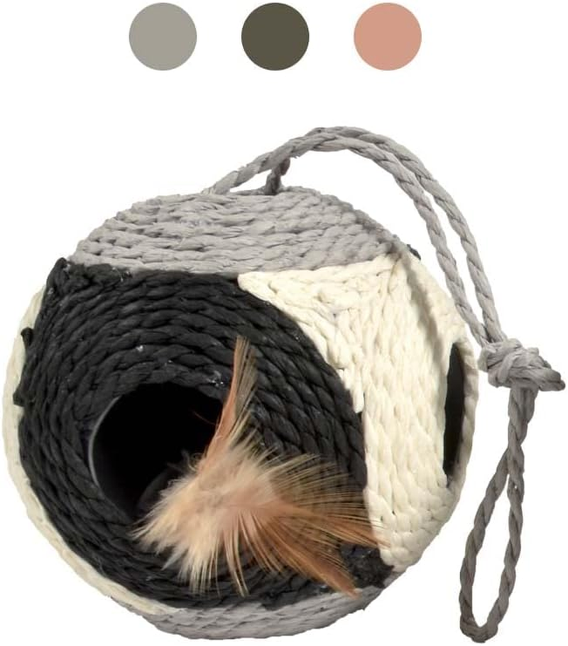 Bobby Facette Cat Ball, Scratching Post Game Made of Recycled Rope, with Balls and Feathers, for Hanging, Green, 10 Diameter - 30 Cm