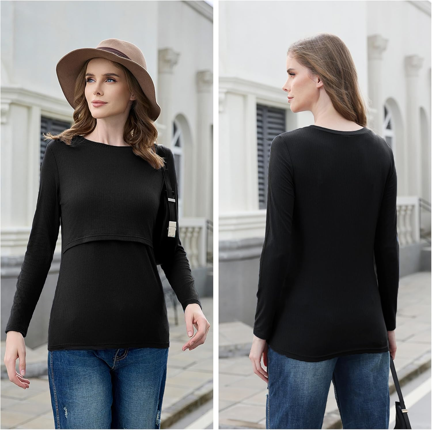 Love2Mi Pack of 3 Women'S Nursing Shirt Ribbed Long Sleeve Nursing Tops Double Layer Maternity Wear T-Shirt Maternity Clothing