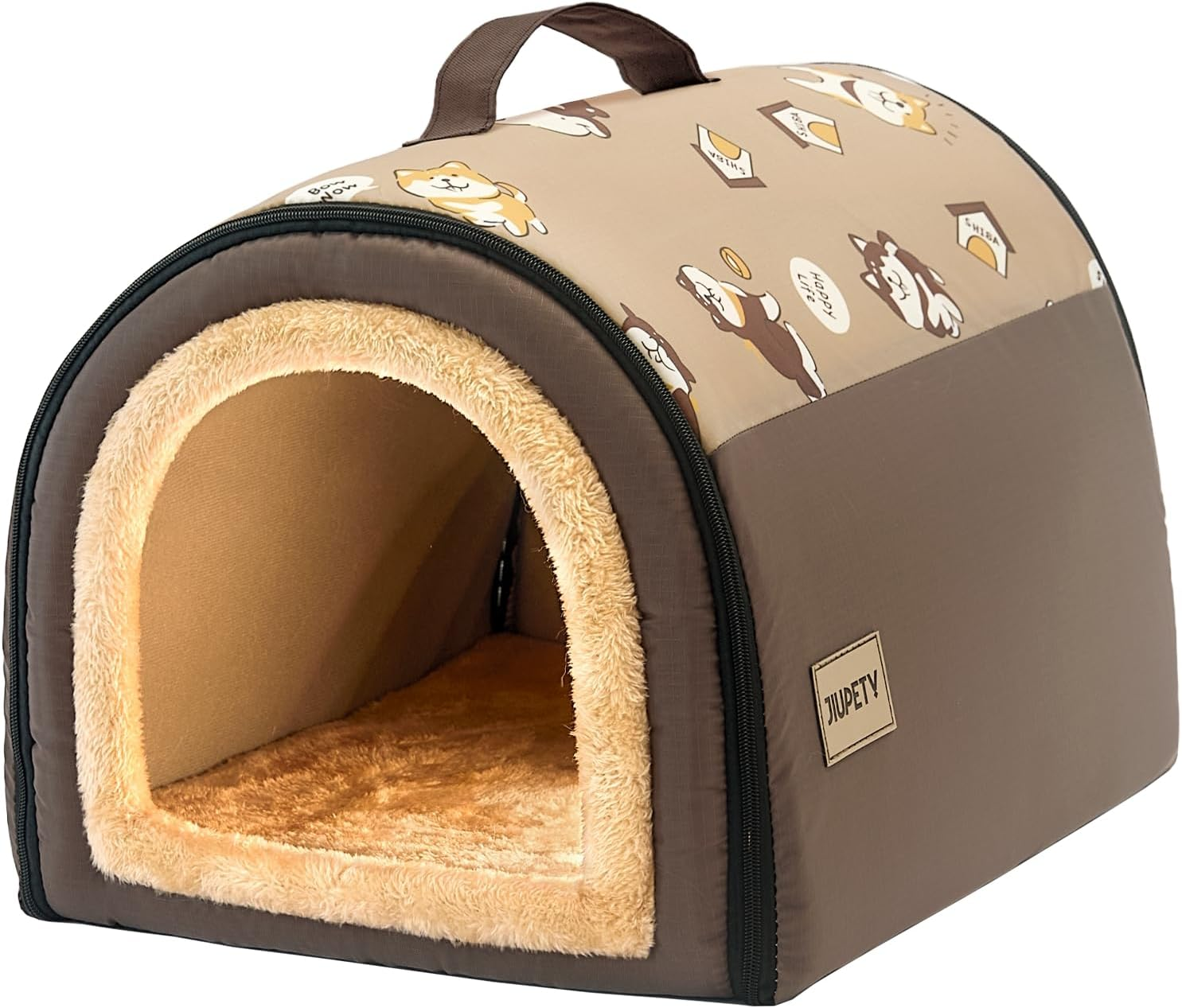 Jiupety Indoor Dog House, 2 in 1 Portable Foldable House Bed with Cover, Pet Tent & Cave Bed for Small Medium Dog, L(24"&times;18"&times;18"), up to 20 Lb, Brown image number 2