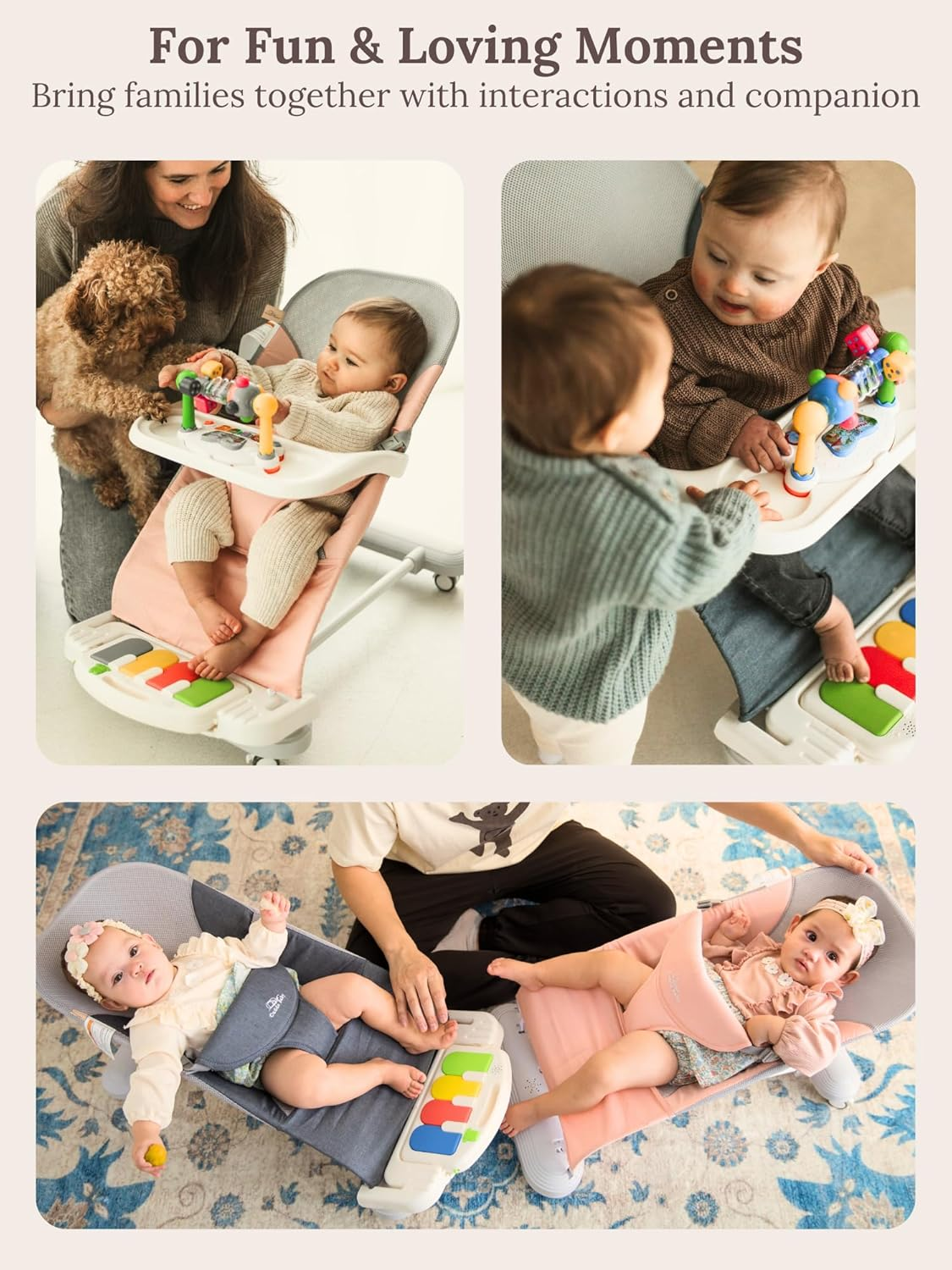 Cuddobaby Baby Bouncer 4-In-1 on Wheels, Detachable Pianos, Feeding Tray, 3-Level Recline Foldable Seat with Play Bar for Infant to Toddler 0-6, 0-12, 12-24 Months, Boy Gift Idea - Blue image number 3