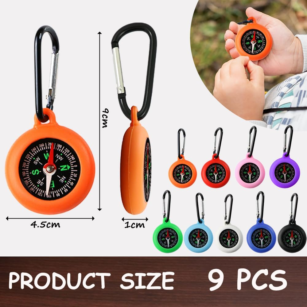 Glamifyr Pack of 9 Compass Children, Outdoor Children'S Compass Key Chain, Bushcraft Compass with Carabiner Hook, Hiking Activities, Portable, Universal, Camping, Outdoor Gifts
