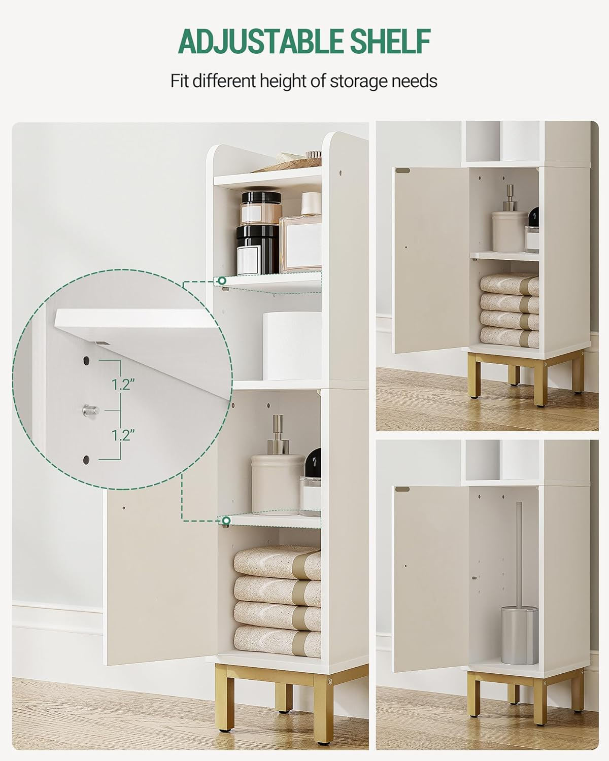 Hzuaneri Bathroom Storage Cabinet, Small Corner Floor Cabinet with Door and Shelves, Narrow Toilet Paper Cabinet, Bathroom Organizer with Adjustable Shelf, for Small Spaces, White BC08203X - Black image number 3