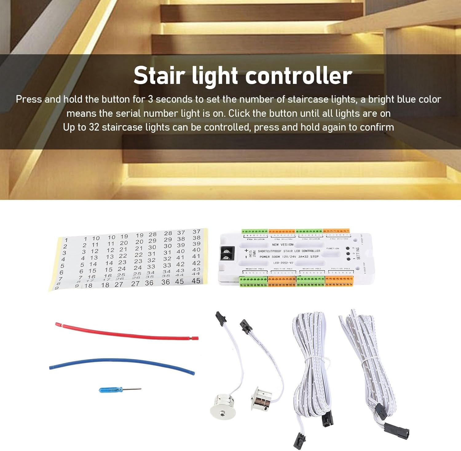 Motion Sensor LED Stair Light Controller, 4 Speed Level Adjustable LED Motion Sensor with anti Leakage System, 32 Groups Ports for Stairway Light image number 6