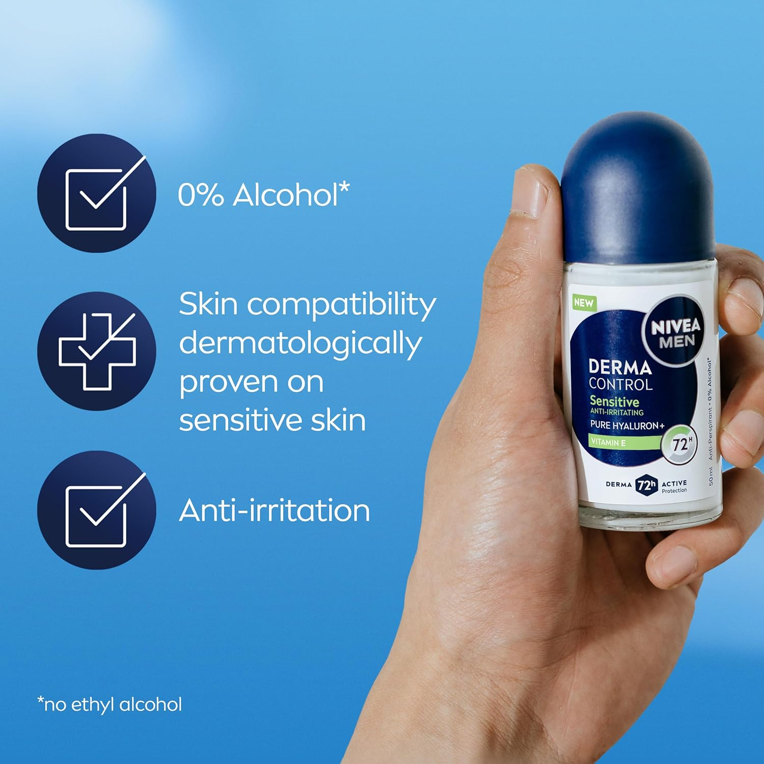 NIVEA MEN Derma Control Sensitive Roll-On Deodorant 50Ml | with Pure Hyaluron & Vitamin E | 72-Hour Anti-Perspirant for Men | Skin Soothing Formula image number 1