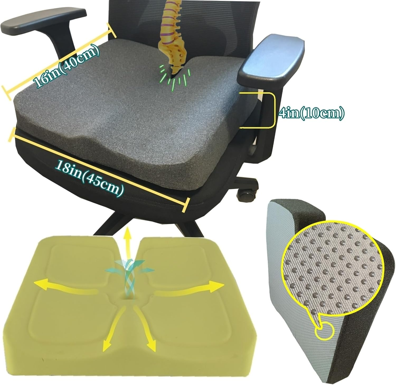 Seat Cushions for Office Chairs Memory Foam Pressure Relieving Pads Comfort Coccyx Pillow Booster Cushion for Chairs Car Seats Wheelchair（Grey） image number 3