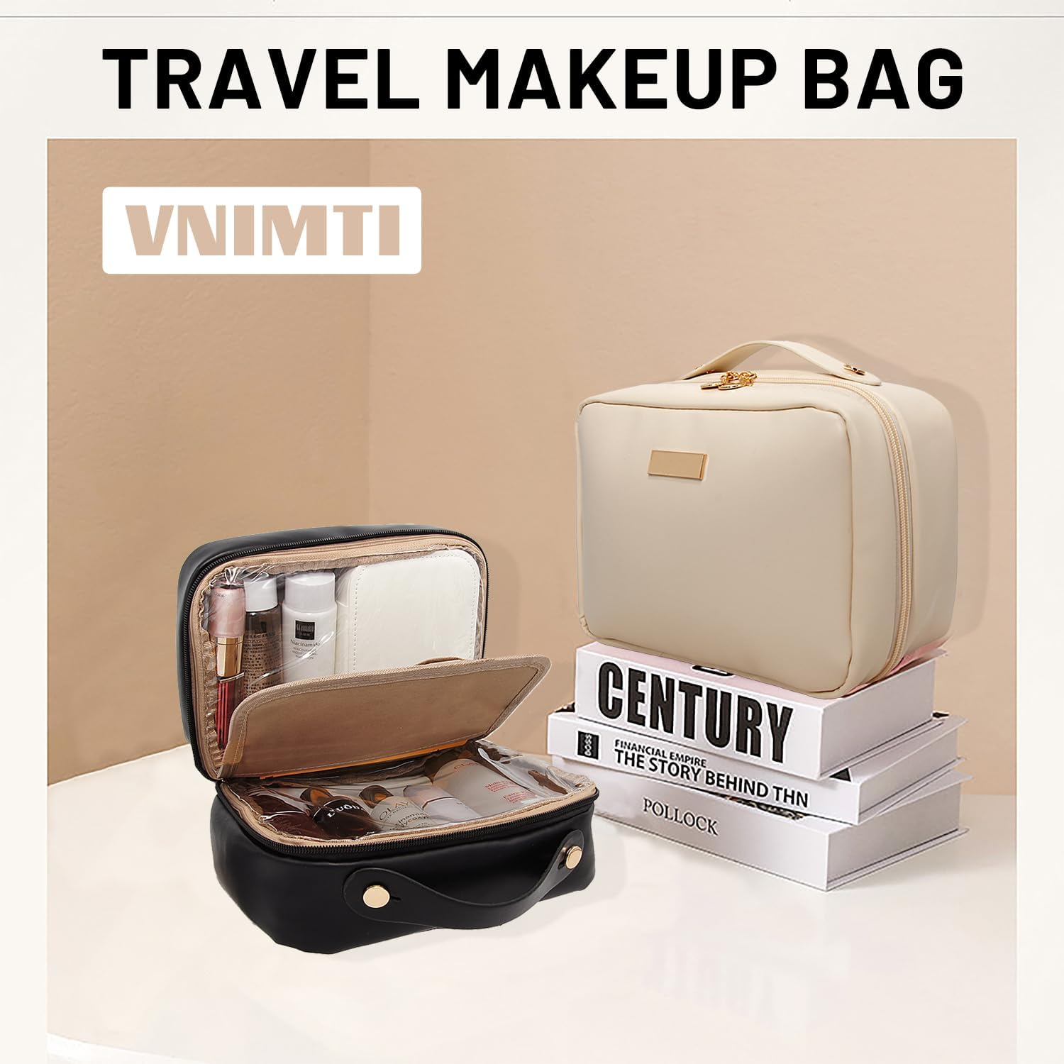 VNIMTI Travel Makeup Bag, 2 Layer Makeup Organizer with Brush Holder, Large Cosmetic Bag Toiletry Bag, Big Portable Makeup Pouch for Women, PU Leather, Waterproof (White) - Black image number 3