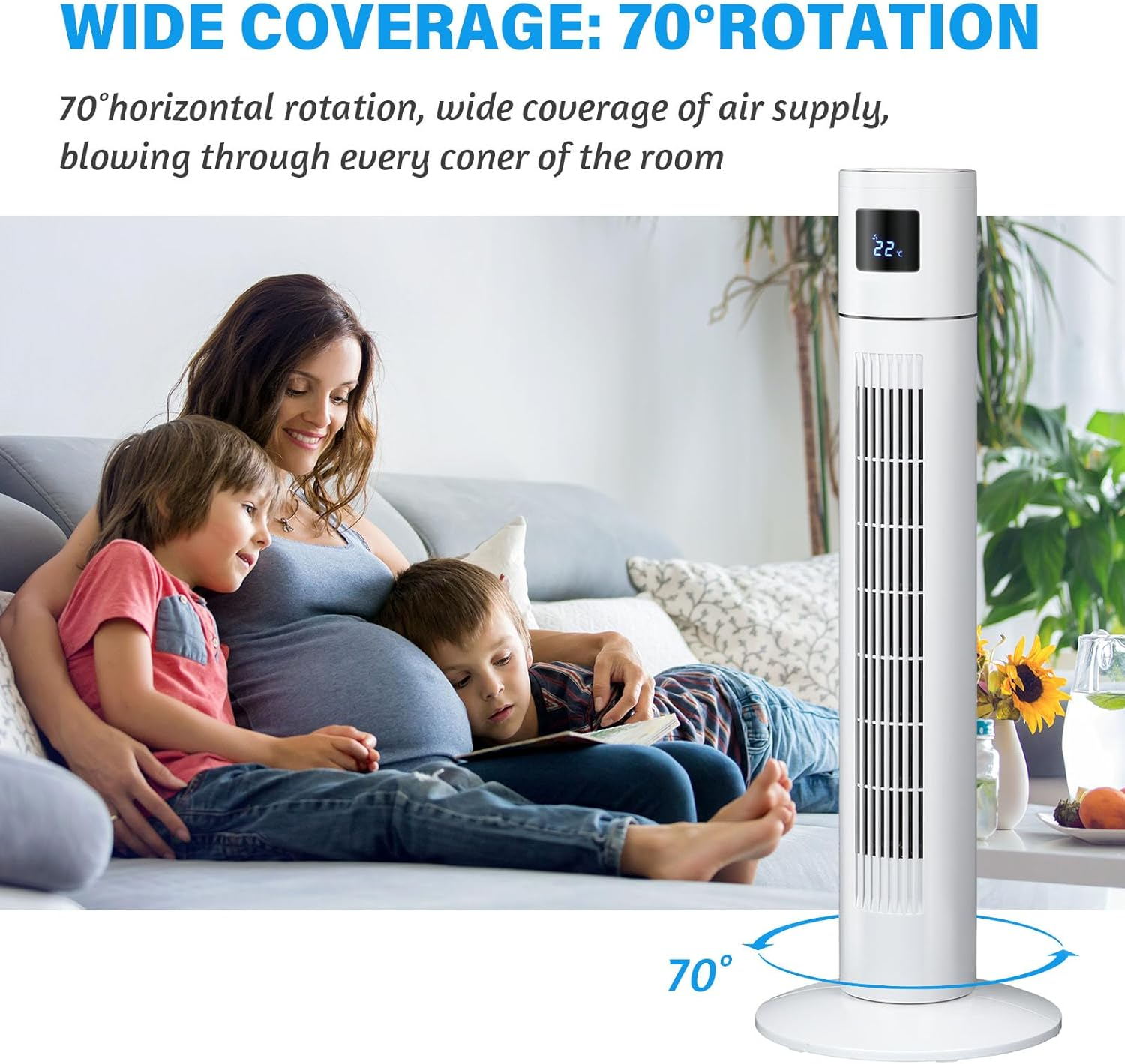 Advwin Electric Tower Fan, Bladeless Standing Fans, Portable Air Circulator with 70&deg; Oscillation for Indoor Home Large Room Bedroom Office Use image number 1