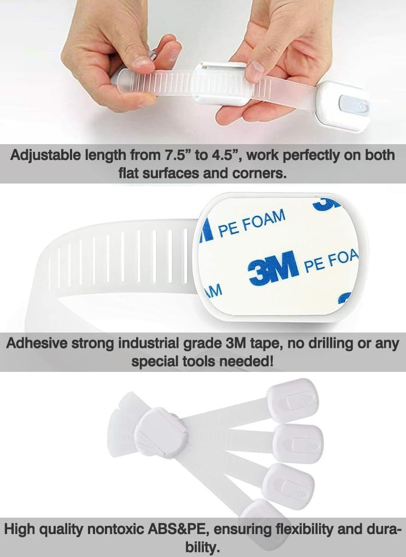 Vivva Child Safety Strap Locks 8 Pack Baby Locks for Cabinets and Drawers, Toilet, Fridge & More, 3M Adhesive Pads, Easy Installation, No Drilling Required (White) - Black image number 5