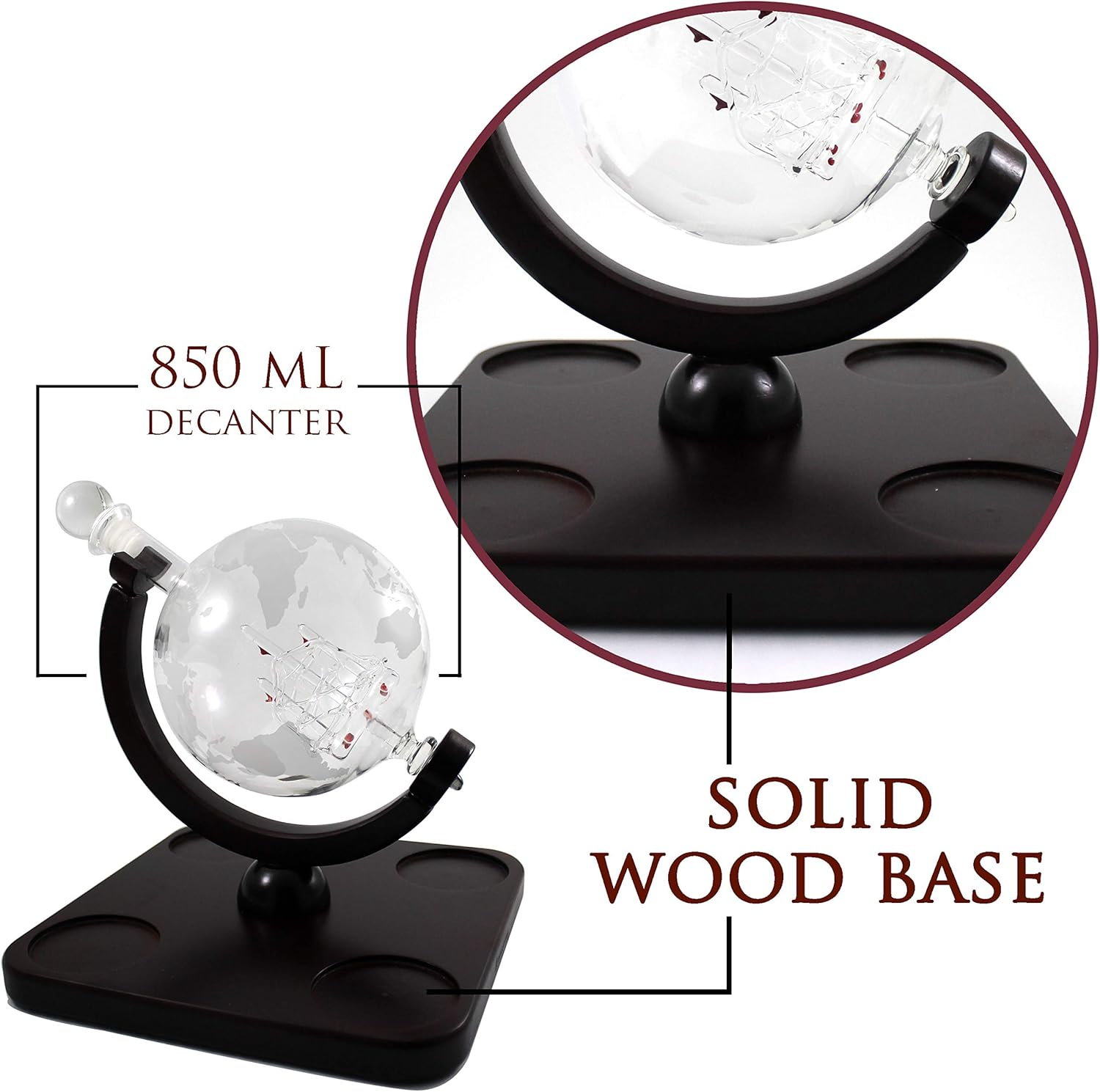 Krown Kitchen - Globe Decanter Gift Set. Includes Wood Base, 4 Glasses, 4 Coasters, Shot Glass, and Funnel. image number 3