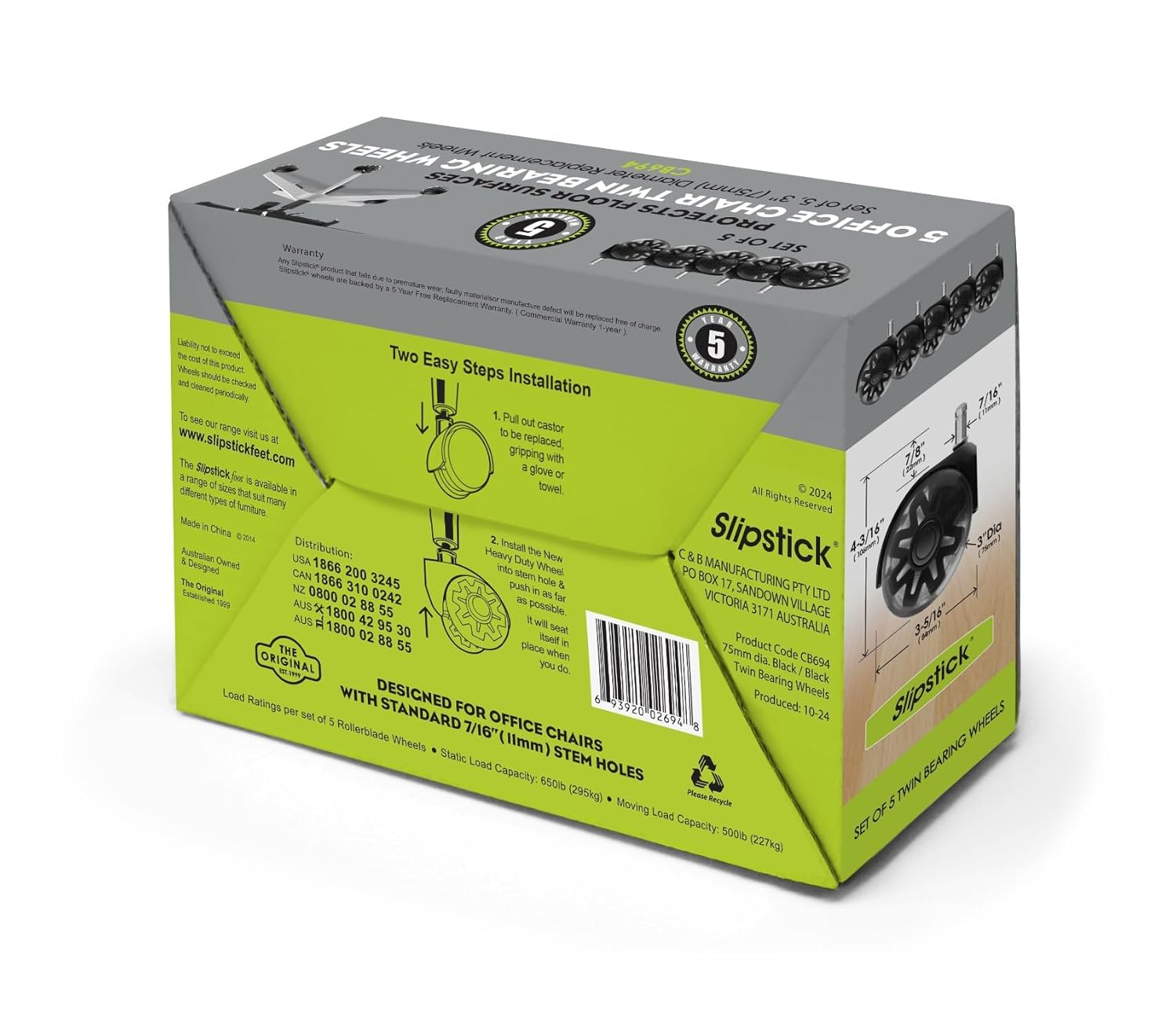 Monster 75Mm Dual Rollerblade Office Chair Wheels (Set of 5) Slipstick Premium Rubber Castor Wheels for Chairs, Smooth & Safe Rolling on All Flooring image number 1