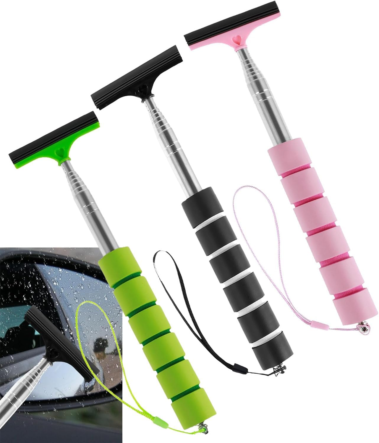 3 Pcs Car Side Mirror Squeegee,Retractable Rearview Wiper,Auto Glass Squeegee for Rainy Foggy Weather,Portable Cleaning Tool for All Vehicles,Windshield Cleaner with Long Handle for Windows image number 1
