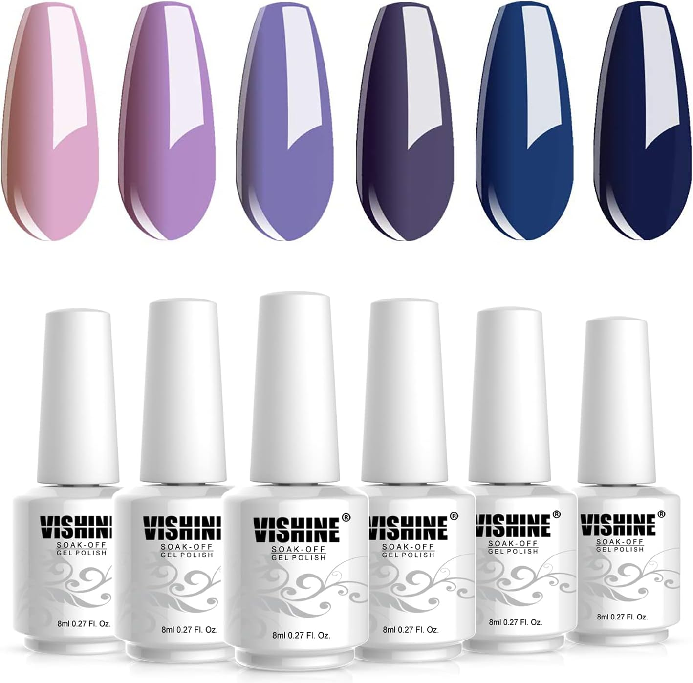 Vishine 6Pcs Soak off LED UV Gel Nail Polish Varnish Nail Art Starter Kit Beauty Manicure Lavender Violet Purple Navy Collection Set image number 6