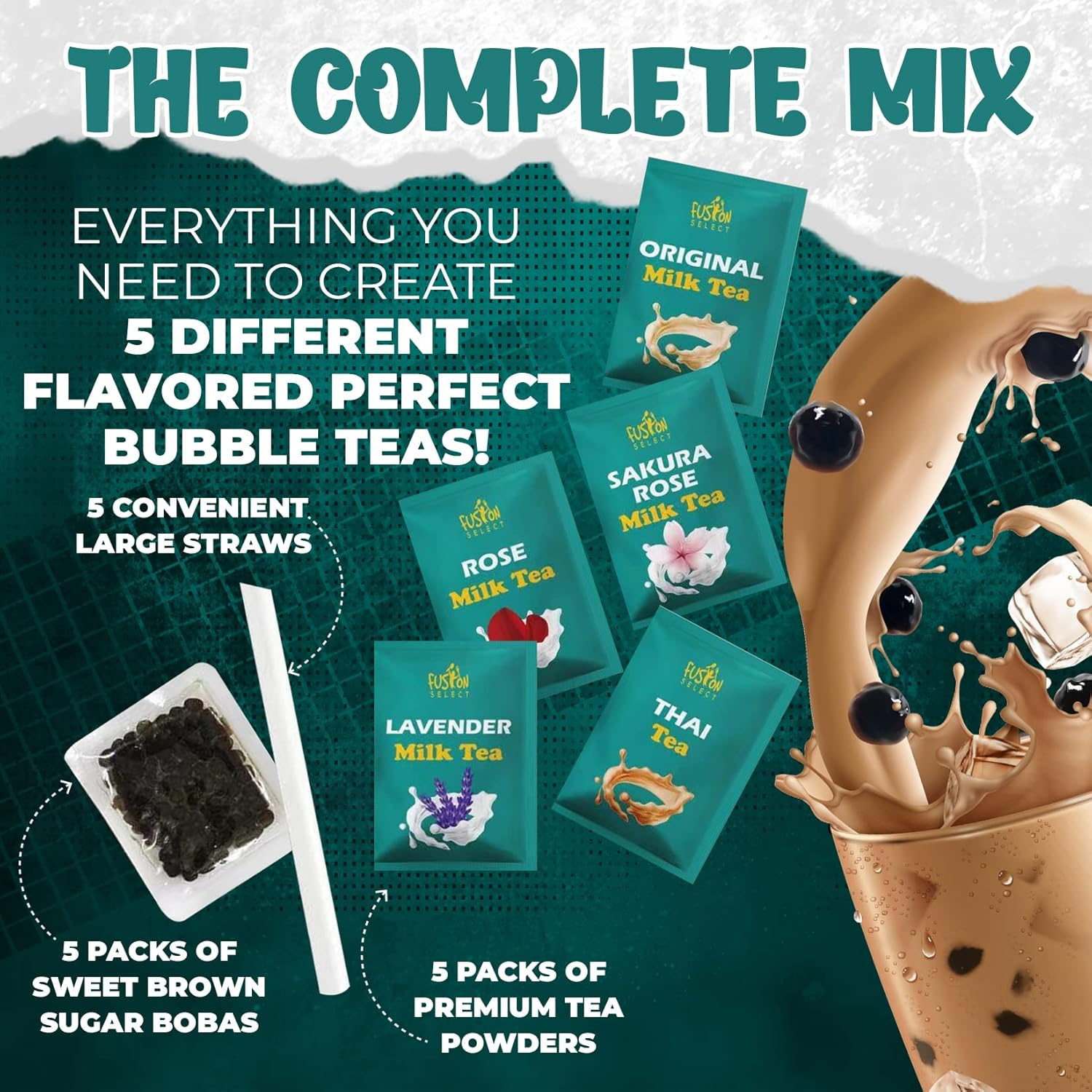 Fusion Select 5 Packs Authentic Tea Flavors Sakura, Lavender, Rose, Thai Tea, Original Milk Tea Boba Tea Kit Extra Rich Flavor Bubble Tea Drinks, Boba Tapioca Pearl, Boba Straws, Complete Boba Kit image number 1