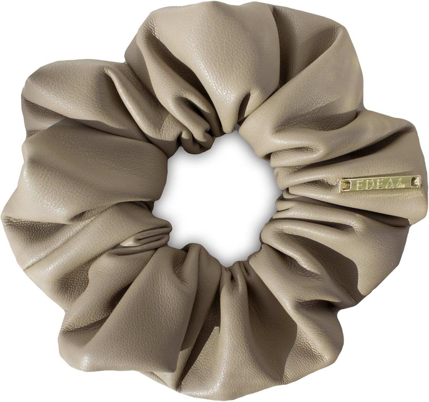 Edealiss Cozy Luxe Scrunchie - Autumn/Winter Women'S Velour & Faux Leather Hair Band - Elegant Premium Hair Accessory - No Pulling, Gentle Hold - Fashion Hair Tie (Taupe Faux Leather) image number 2