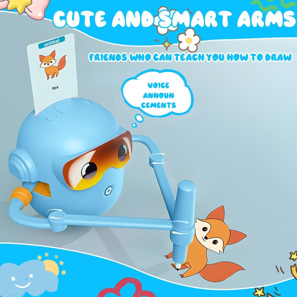 Drawing Robot for Kids,Interactive Educational Drawing Robot for Kids&ndash; Montessori Painting Learning Toys with 100 Word & 22 Pens, Interactive Voice Emo Robots for Boys & Girls Ages 3&ndash;9 (Blue) image number 2