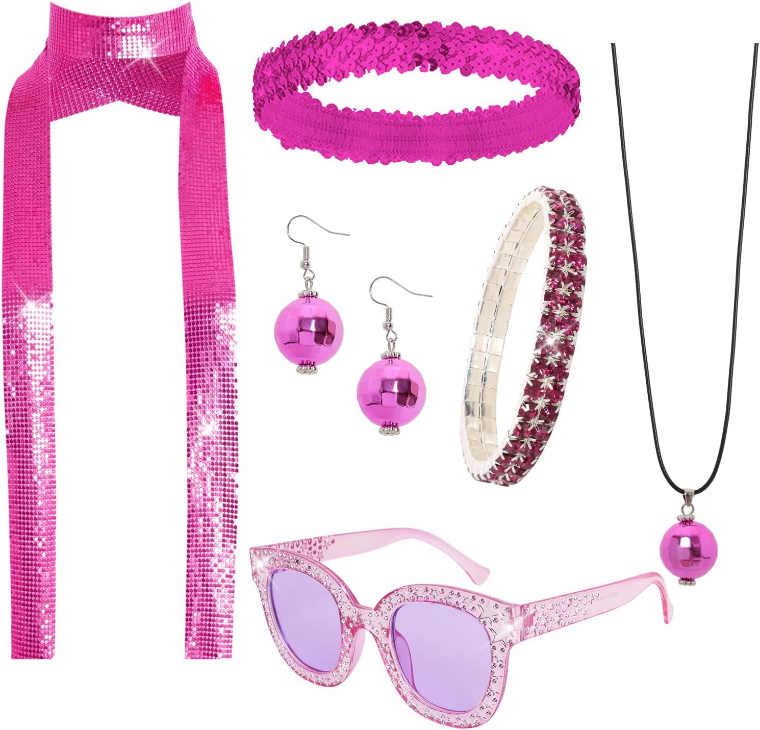 6 Pcs 70S Women Disco Accessories Disco Costume Jewelry Disco Sequin Scarf Headband Diamond Bracelet Ball Necklace Earring Glasses(Gold) - Black image number 2